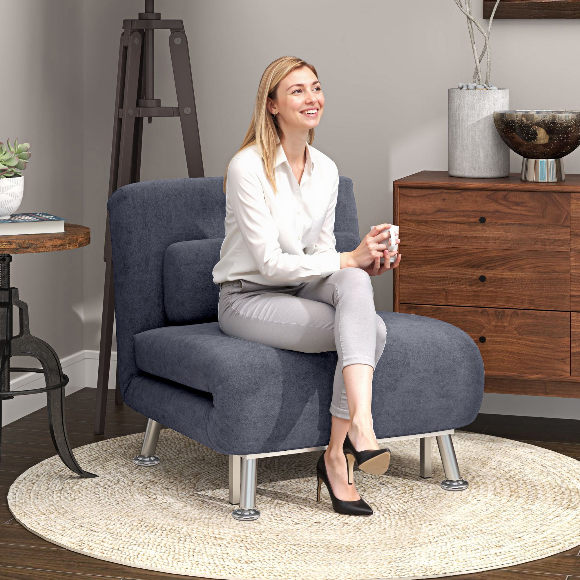 HOMCOM Single Velvet-Feel Sleeper Chair - Charcoal Grey - North Peak Garden Furniture