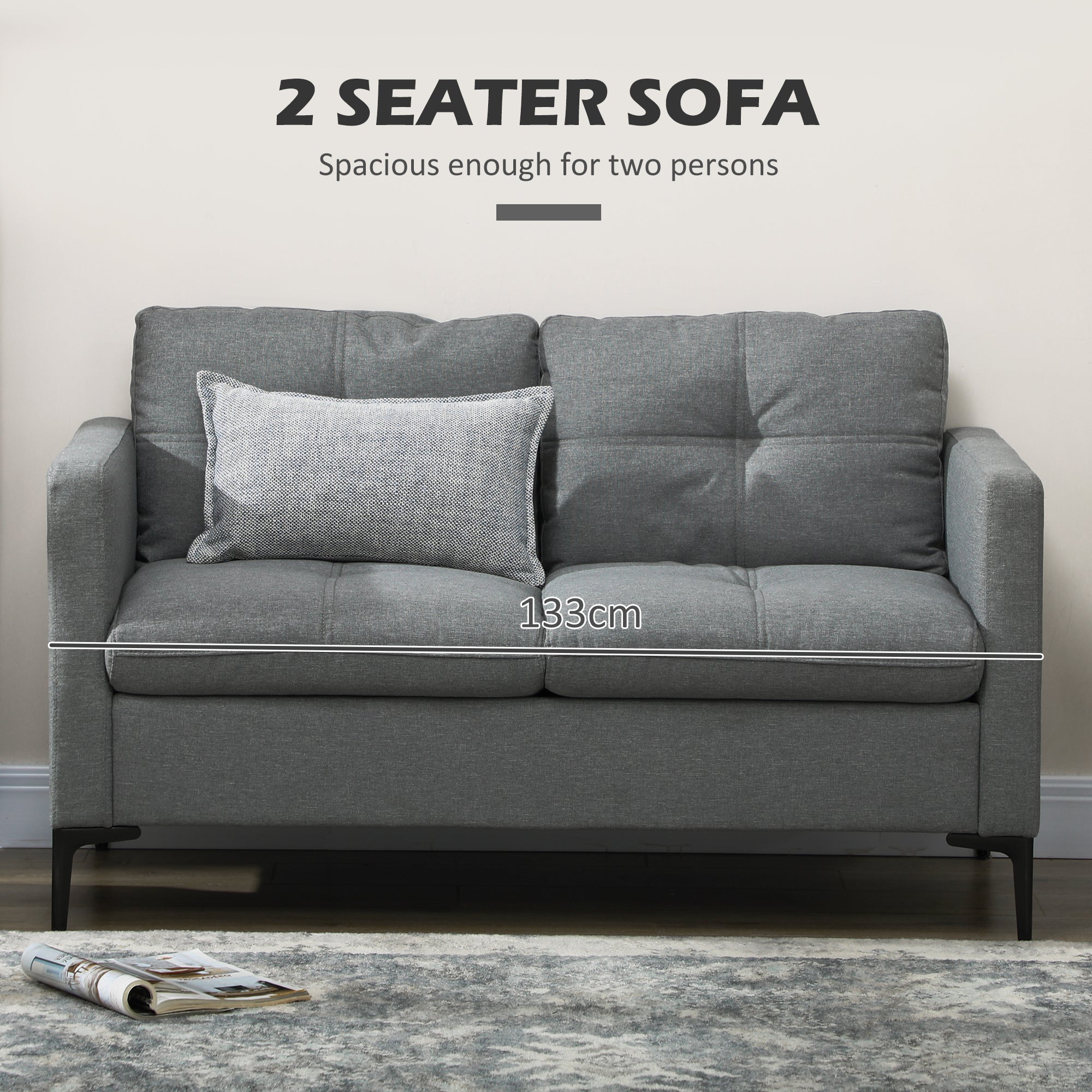 HOMCOM Two-Seater Sofa, with Steel Legs - Grey - North Peak Garden Furniture