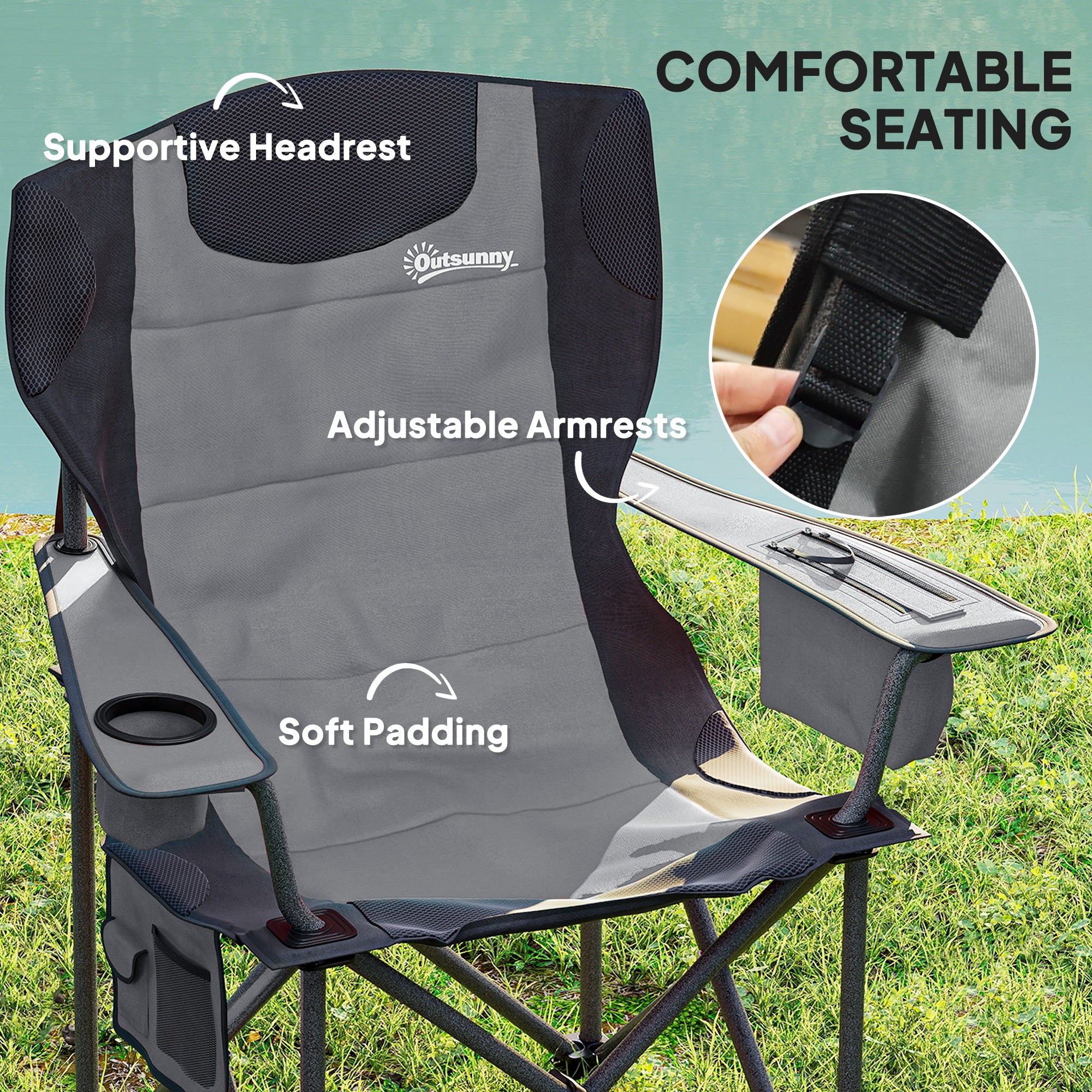 Outsunny Set of 2 Folding Camping Chairs, Padded Camping Chairs with Adjustable Armrests, Portable & Lightweight Folding Camp Chair with Cooler Bag, Cup Holder and Side Pockets, Grey - North Peak Garden Furniture