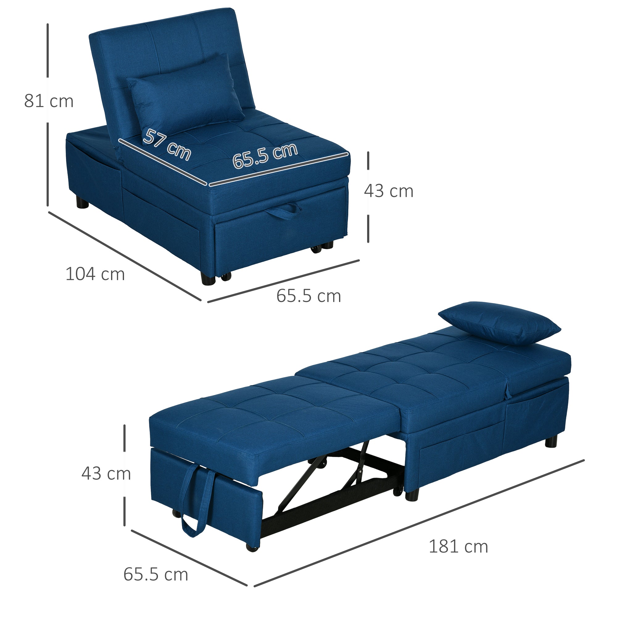 HOMCOM Convertible Chair Bed with Padding Seat, 4-in-1 Multi-Functional Sleeper Sofa Bed, Recliner with Adjustable Backrest, Side Pocket, Wheels and Pillow, for Living Room, Blue - North Peak Garden Furniture