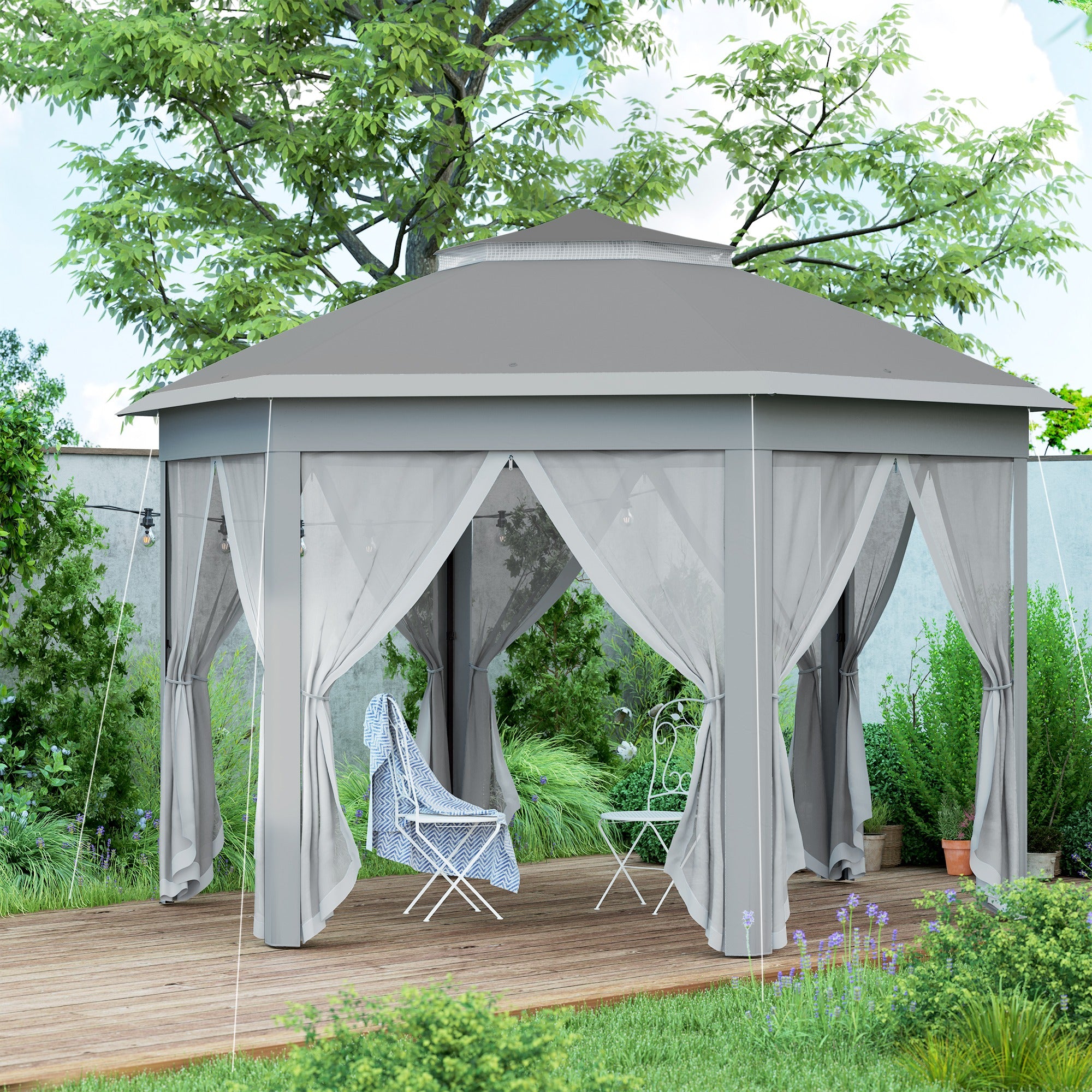 Outsunny 3 x 4m Garden Gazebo Hexagon Pop Up Party Tent Canopy Double Roof Instant Shelter with Netting and Carry Bag for Outdoor Patio, Dark Grey - North Peak Garden Furniture