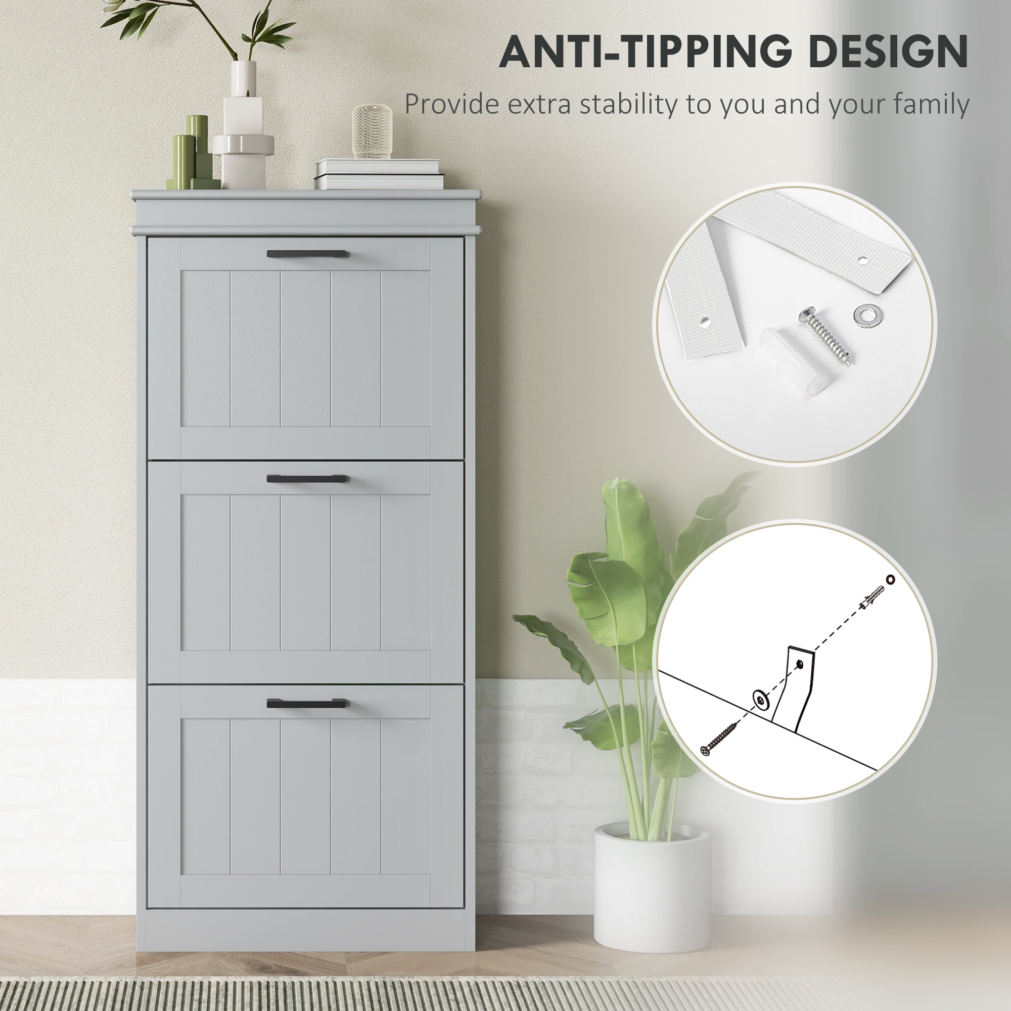 HOMCOM Three-Drawer Minimalistic Shoe Cabinet - Grey