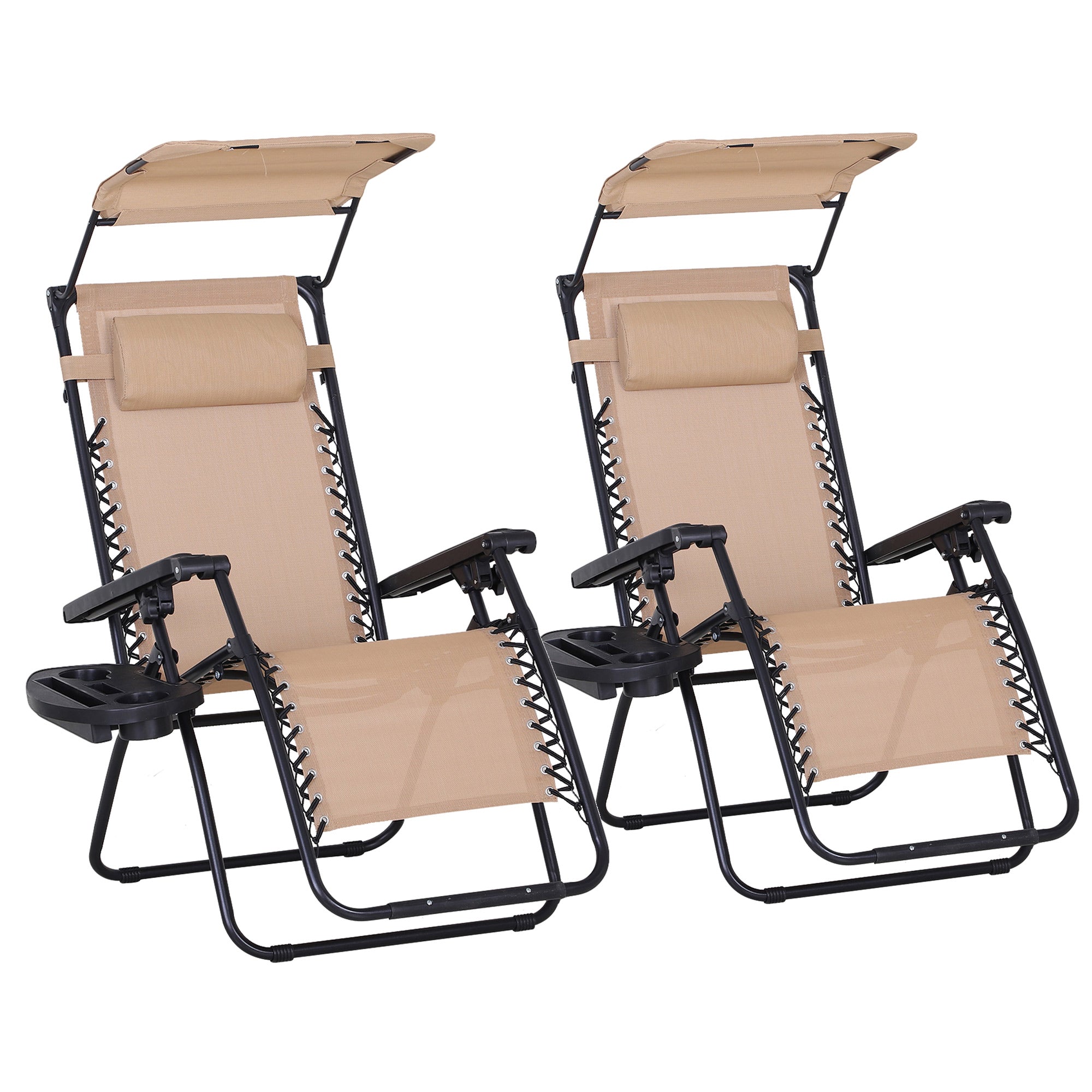 Outsunny 2 Piece Foldable Reclining Garden Chair with Headrest, Zero Gravity Deck Sun Lounger Seat Chair with Footrest, Armrest, Cup Holder & Canopy Shade, Beige - North Peak Garden Furniture