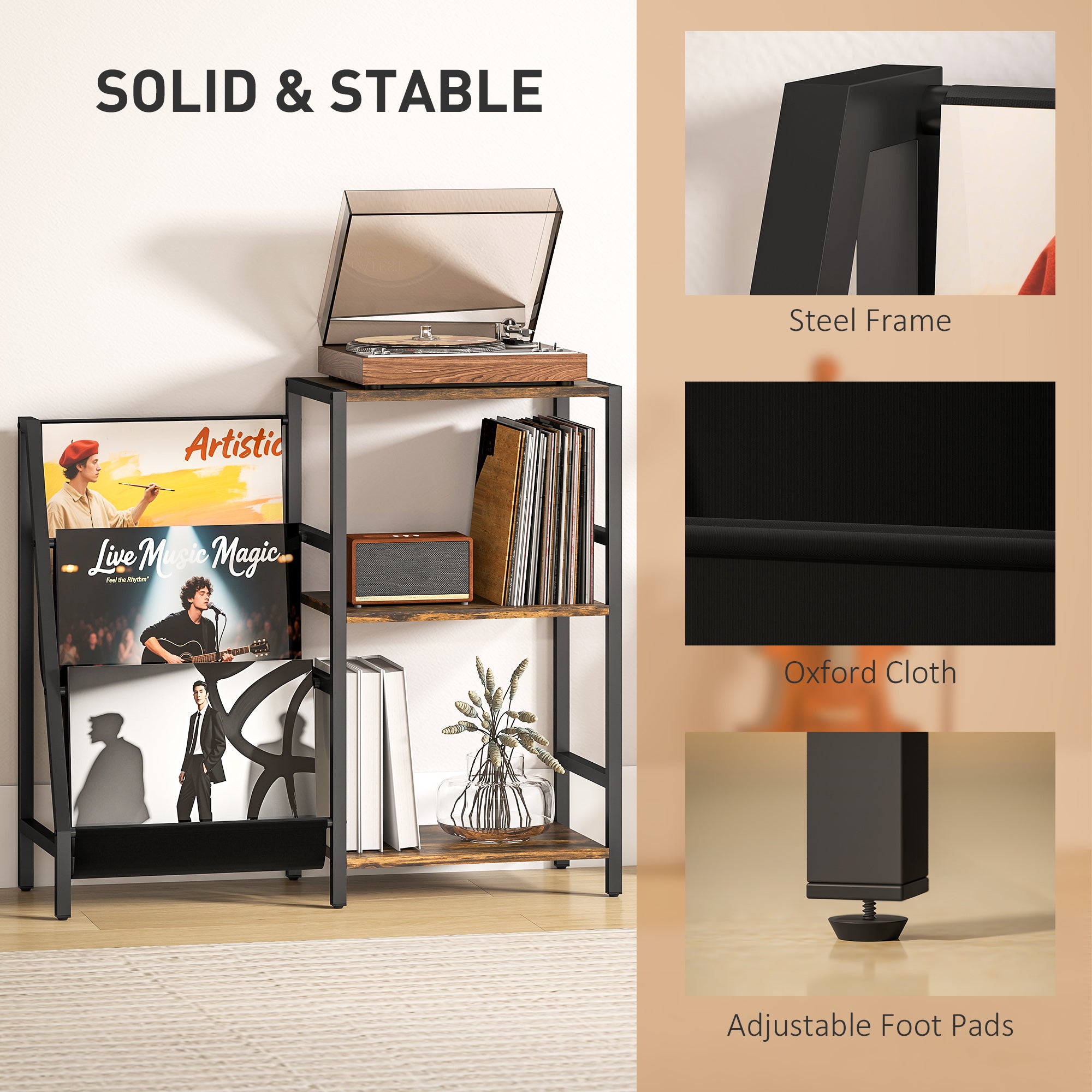 HOMCOM 3-Tier Record Player Stand, End Table for Living Room, Bedroom - Rustic Brown - North Peak Garden Furniture