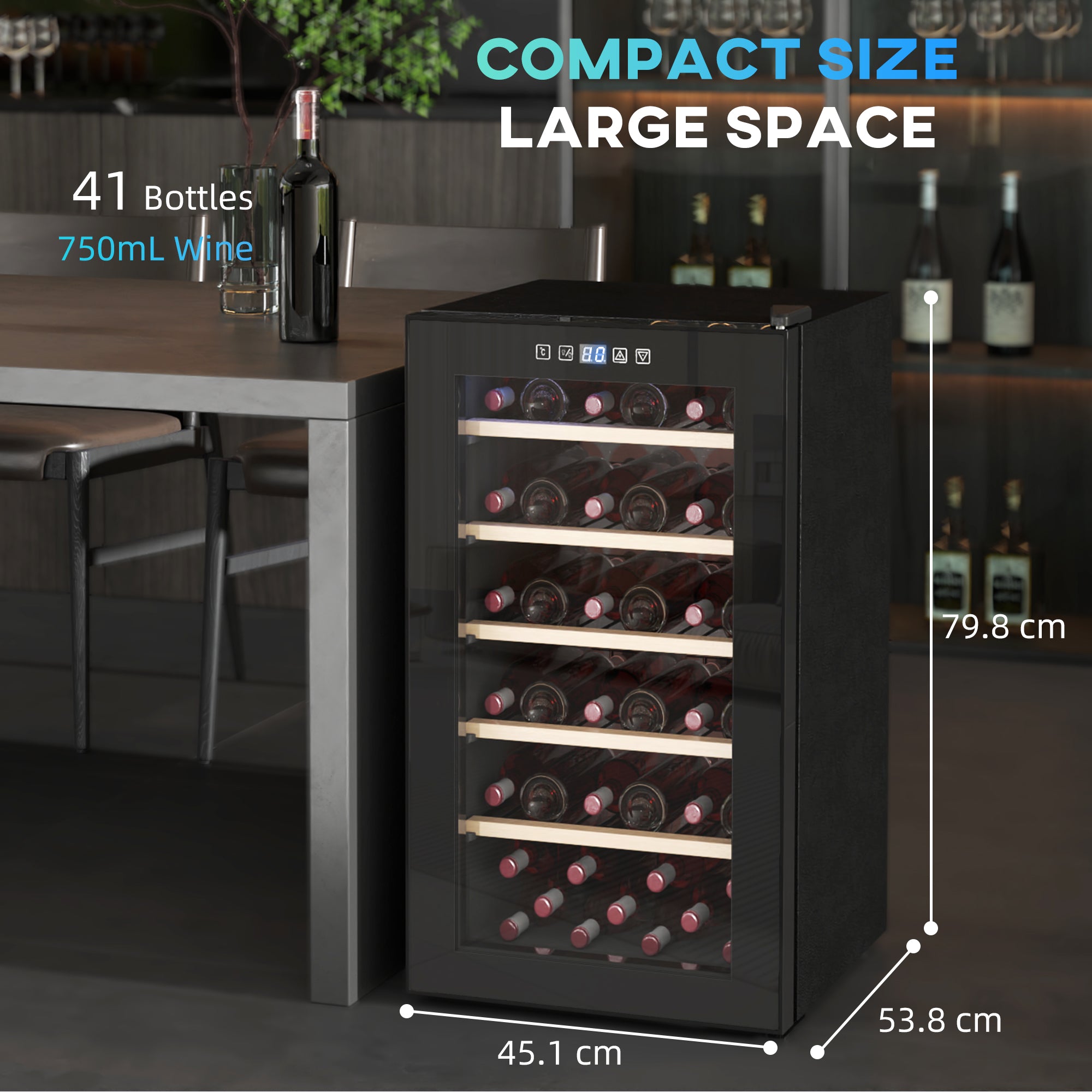 HOMCOM 41 Bottle Wine Fridge, 91 Litre Capacity, 45cm Wine Cooler Fridge with Glass Door, LED Light, Digital Touch Screen, Temperature Control, Freestanding Wine Refrigerator, Black - North Peak Garden Furniture