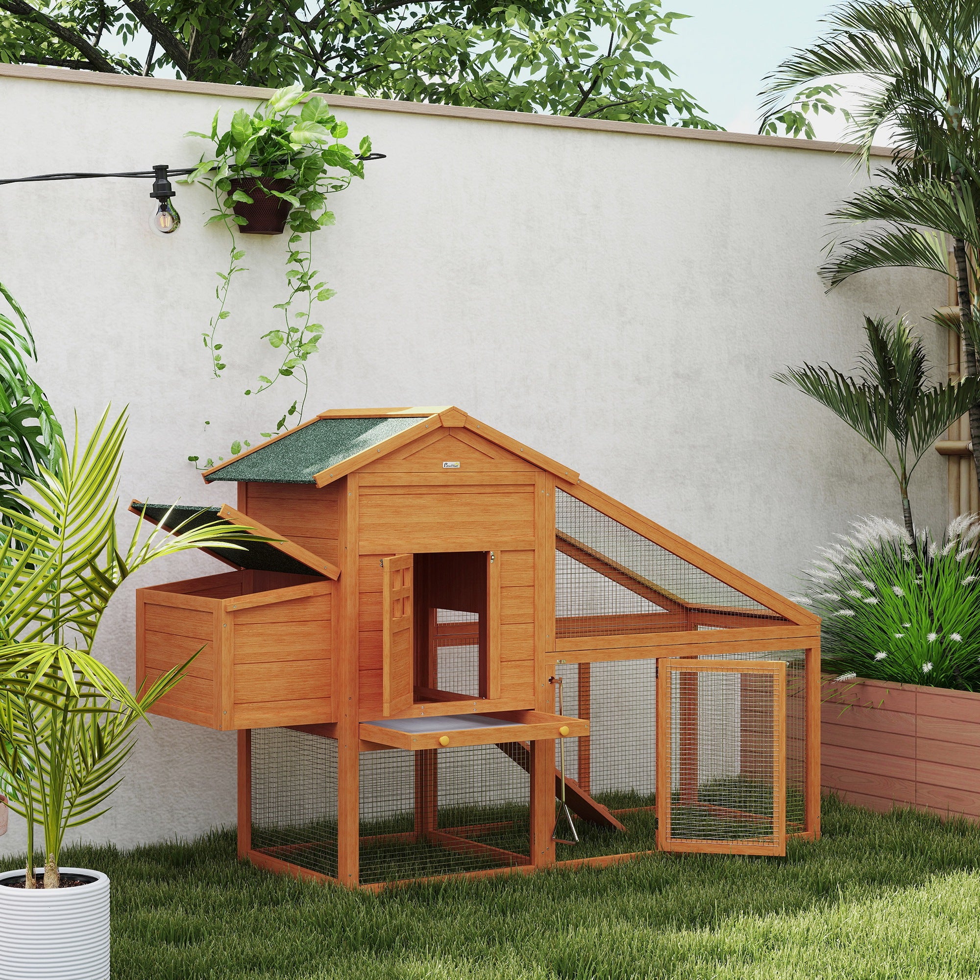 PawHut Wooden Chicken Coop with Run, Nesting Box, Slide-out Tray, Ramp, Perches, Asphalt Roof, 179 x 67 x 115cm - North Peak Garden Furniture