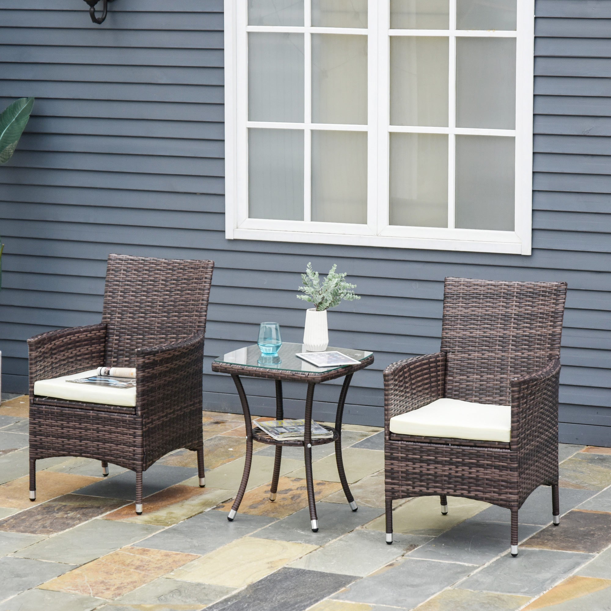 Outsunny 2 PC Outdoor Rattan Armchair Dining Chair Garden Patio Furniture w/ Armrests Cushions Mixed Brown - North Peak Garden Furniture