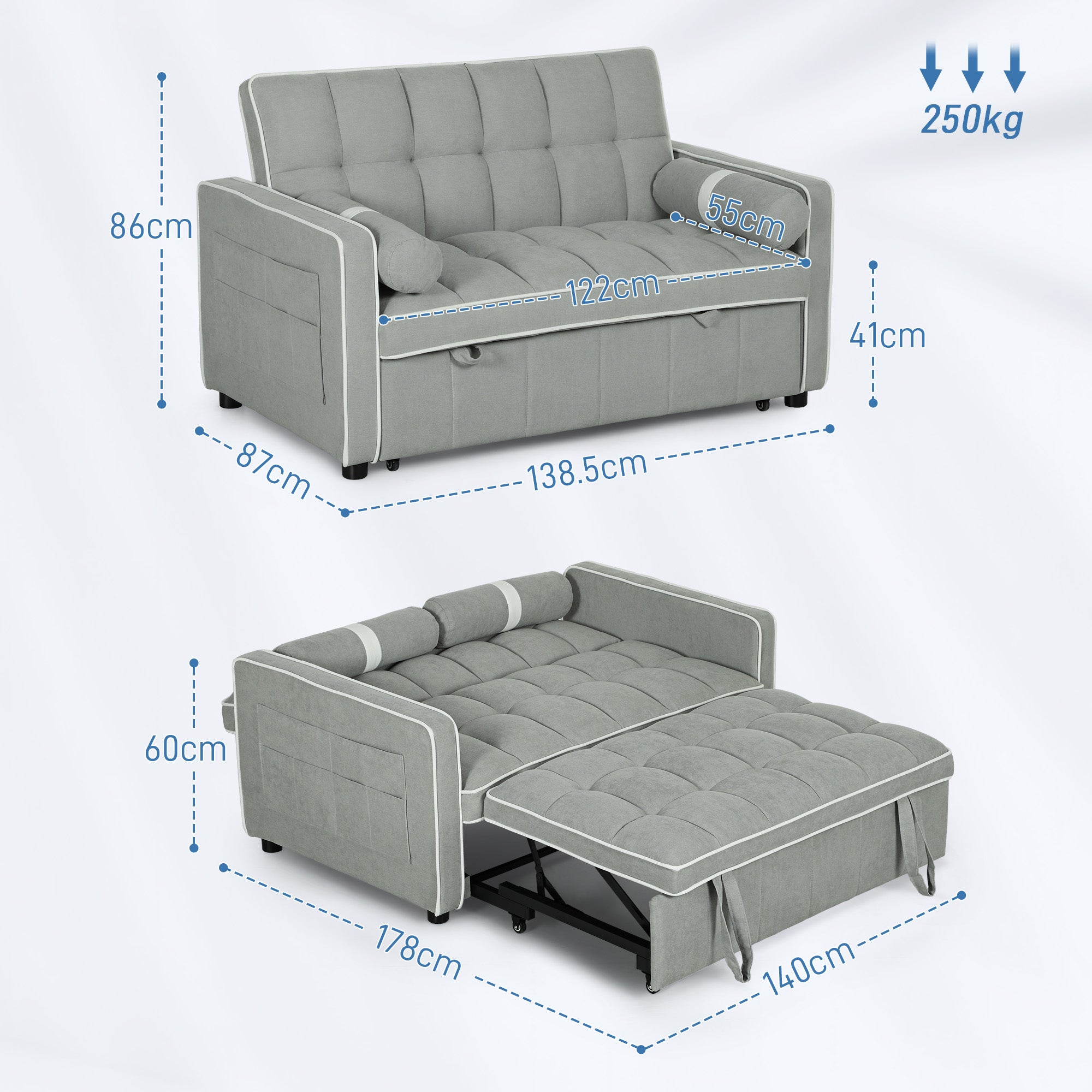 HOMCOM Two-Seater Linen-Look Sofa Bed - Light Grey - North Peak Garden Furniture