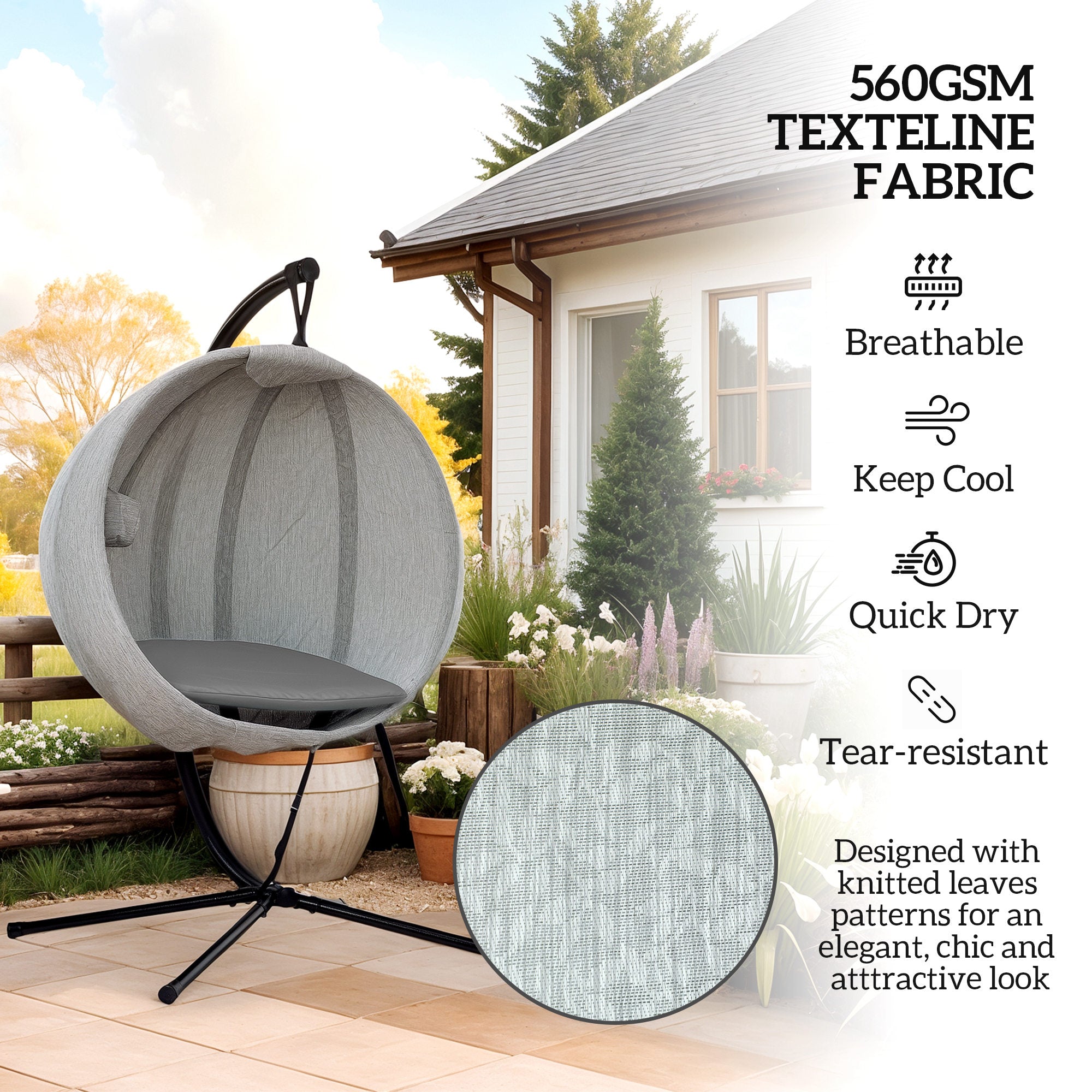 Outsunny Hanging Egg Chair Outdoor Indoor Garden Swing Chair with Folding Basket, Garden Hanging Chair with Stand, Thickened Cushion, Cup Holder for Patio, Balcony, Grey - North Peak Garden Furniture