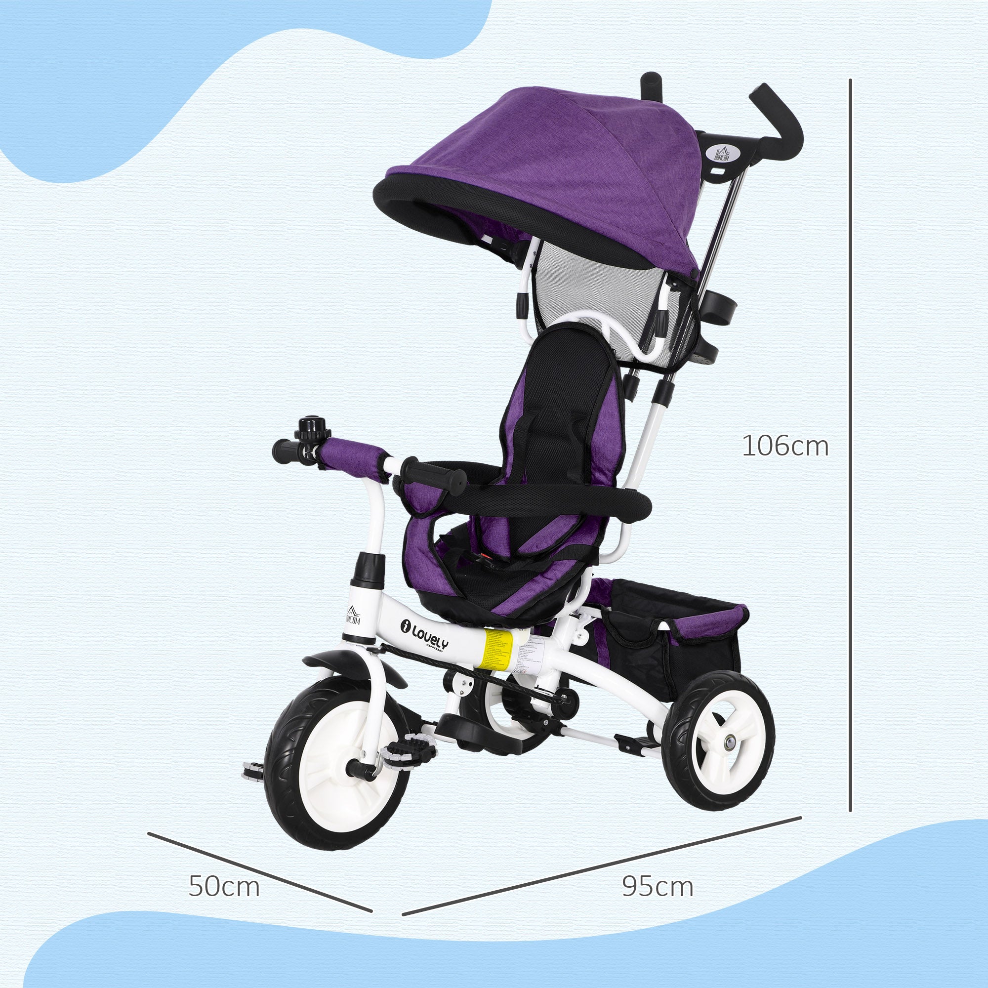HOMCOM 6 in 1 Kids Trike Push Bike w/ Push Handle, Canopy, 5-point Safety Belt, Storage, Footrest, Brake, for 1-5 Years, Purple - North Peak Garden Furniture