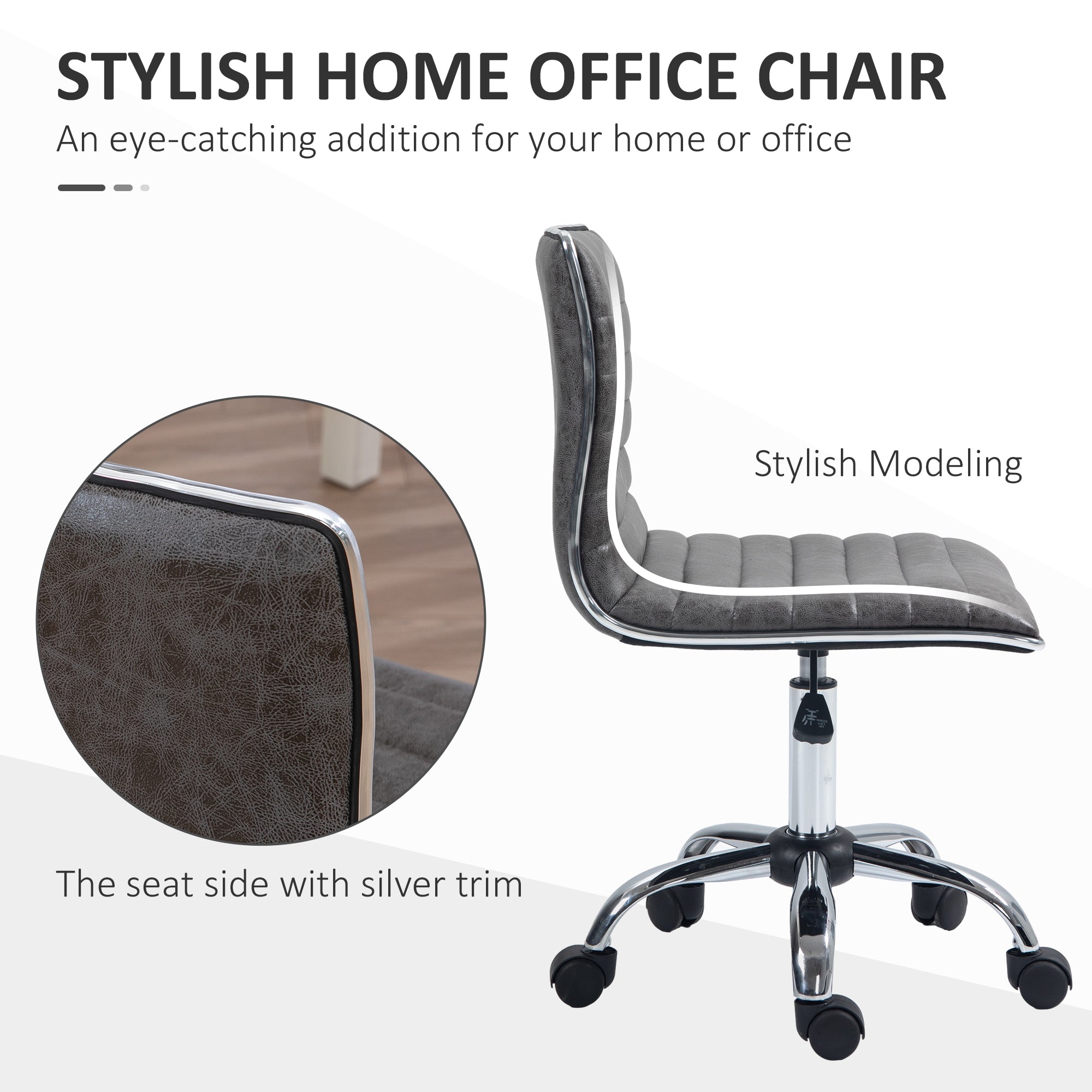 HOMCOM Adjustable Swivel Office Chair with Armless Mid-Back in Microfibre Cloth and Chrome Base - Grey - North Peak Garden Furniture