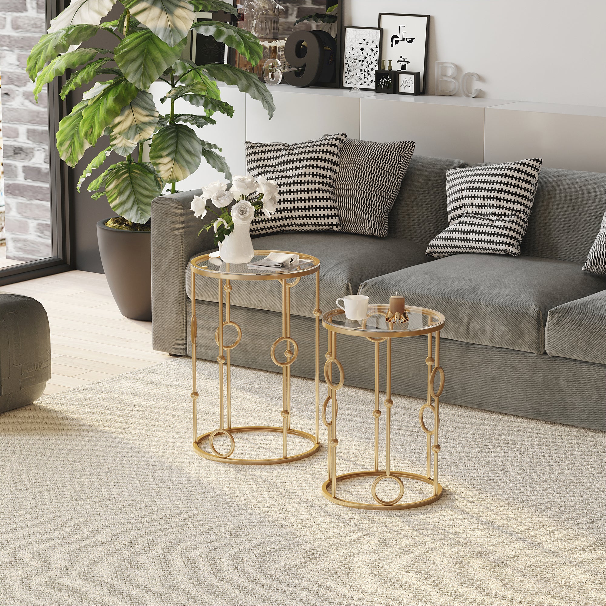 HOMCOM Round Coffee Tables Set of 2, Gold Nesting Side End Tables with Tempered Glass Top, Steel Frame for Living Room, Gold - North Peak Garden Furniture
