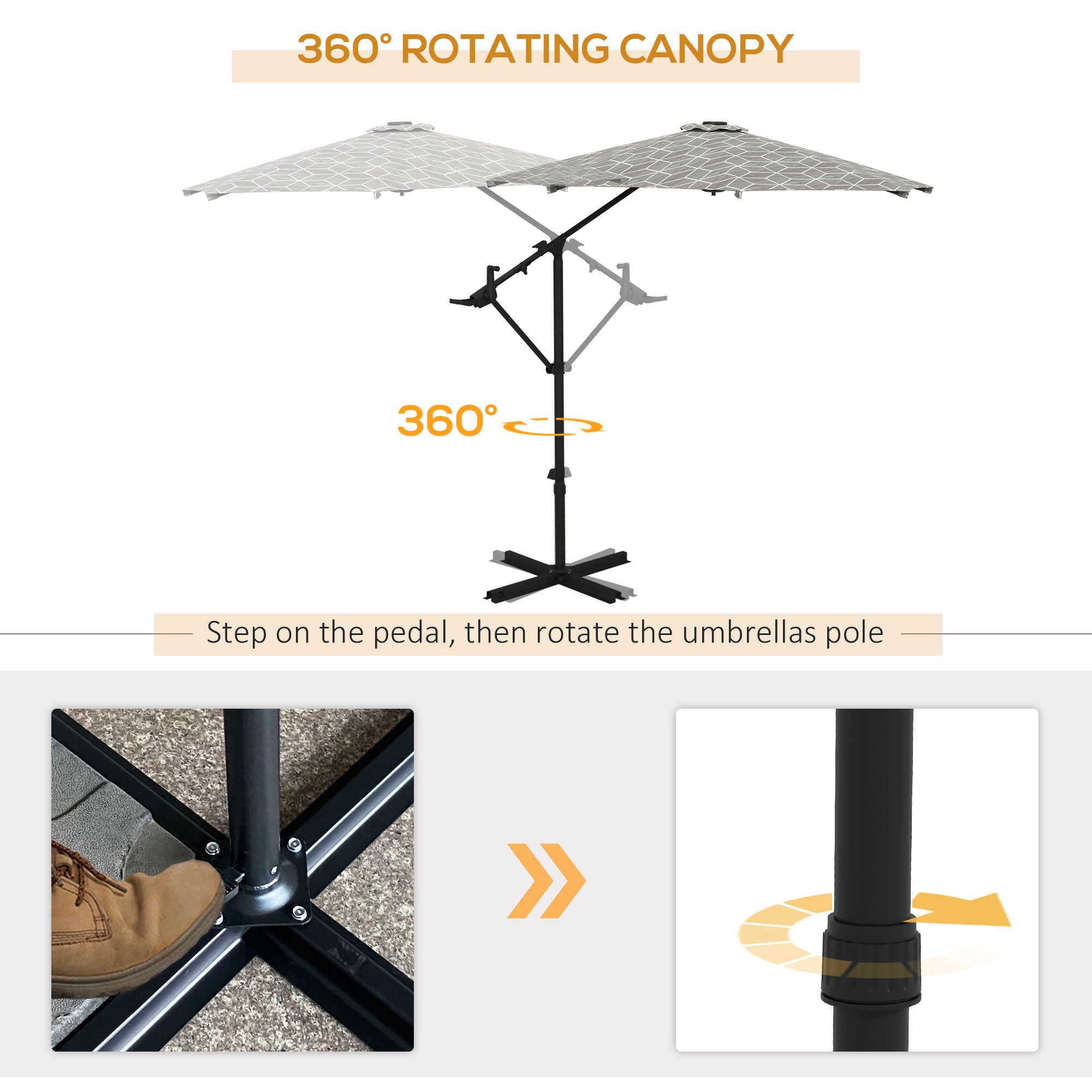 Outsunny 3(m) Convertible Cantilever Parasol and Centre-post Garden Parasol with Cross Base, 360° Rotation Banana Parasol with Crank Handle and 8 Ribs, Hanging Patio Umbrella, Black and White