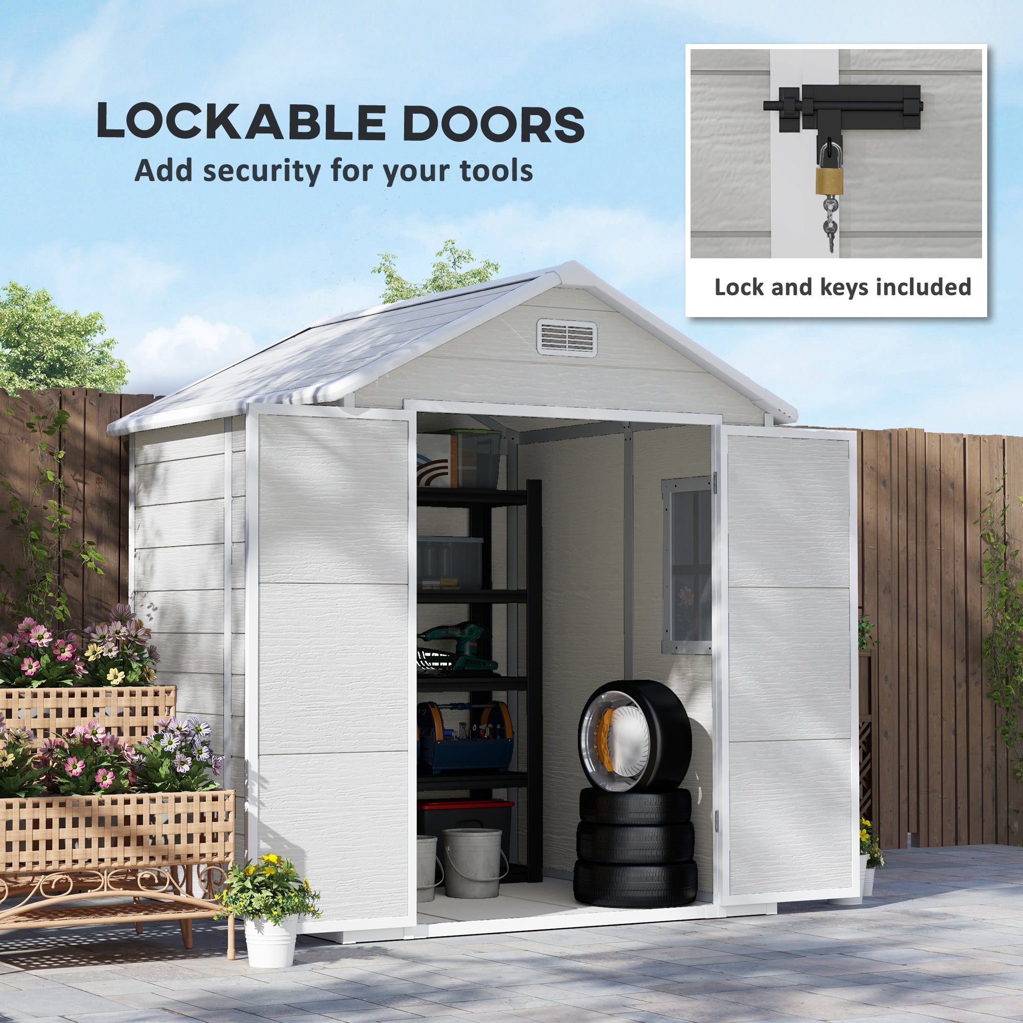 Outsunny 6 x 5ft Garden Shed, Plastic Shed with Floor, Window, Lockable Doors and Vents, Wood Effect Resin Tool Shed for Outdoor Patio, Light Grey - North Peak Garden Furniture