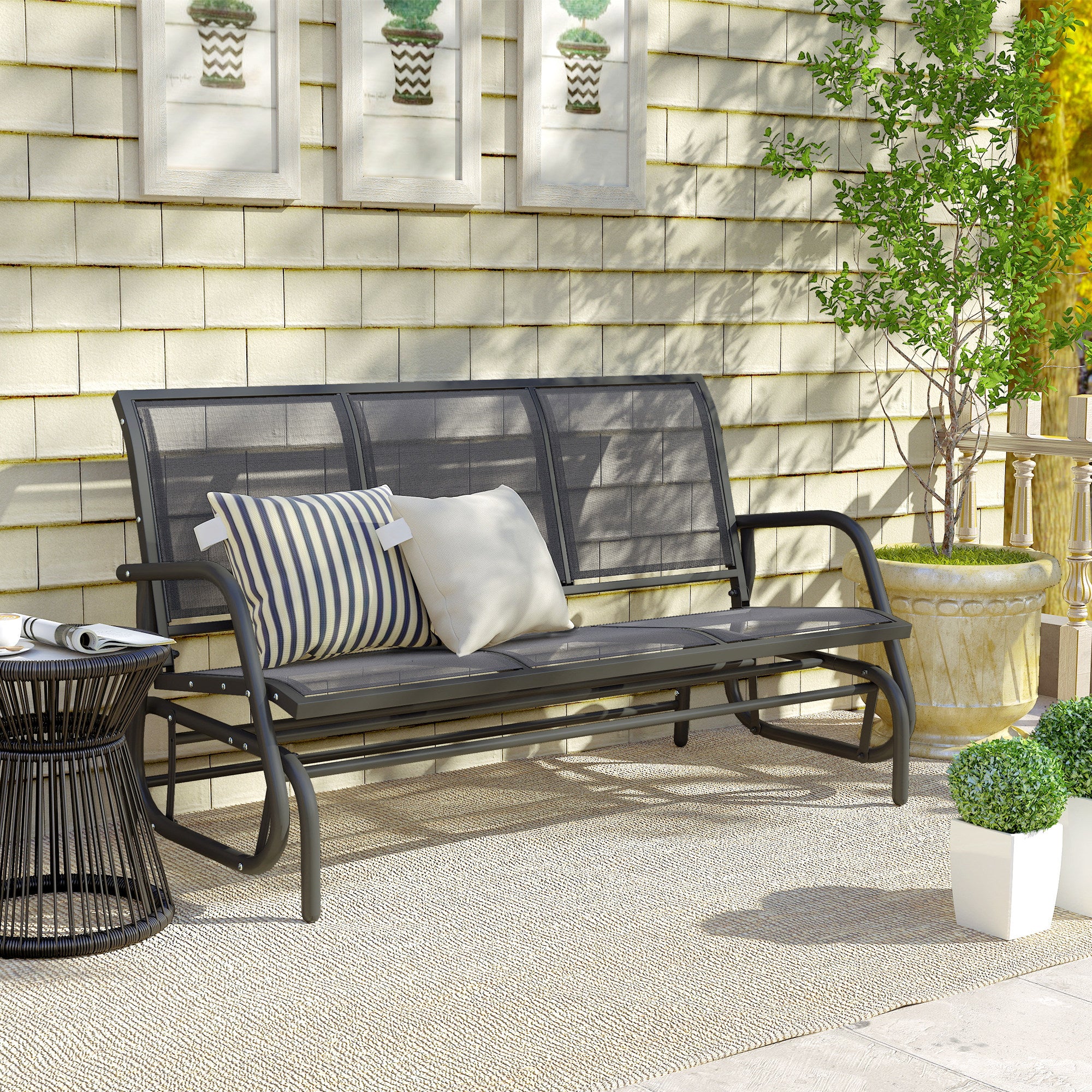 Outsunny 3-Seat Glider Rocking Chair for 3 People Garden Bench Patio Furniture Metal Frame, Grey