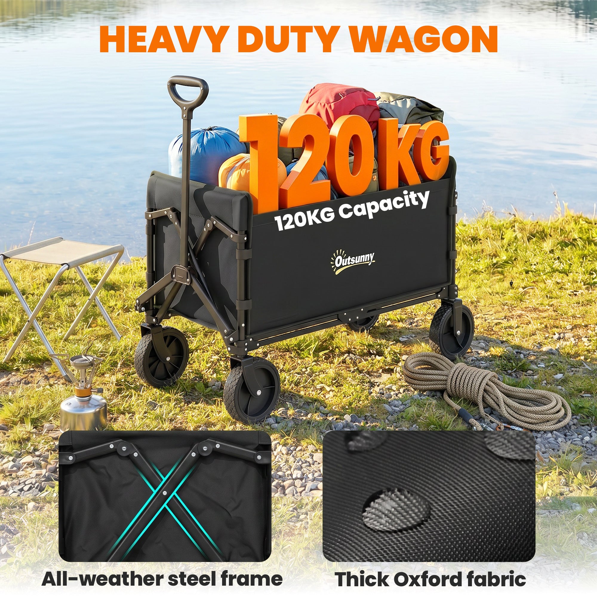 Outsunny 120L Folding Garden Trolley Cart, Outdoor Collapsible Wagon with Wheels and Adjustable Handle for Beach, Camping, Festival, Black