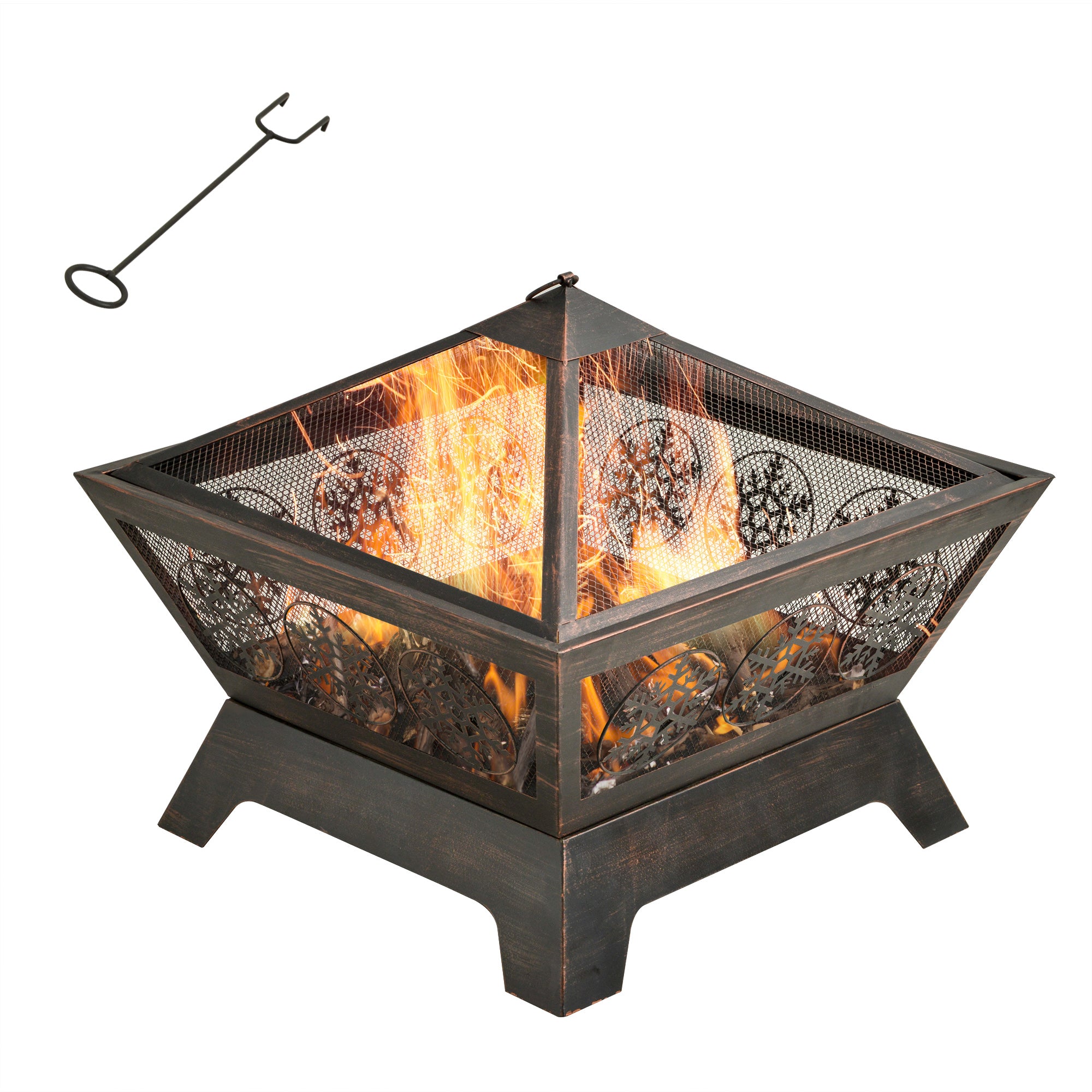 Outsunny Metal Fire Pit: Square Outdoor Patio Firepit Bowl with Spark Screen & Poker, 61 x 61 x 52cm, Black Finish | Aosom UK