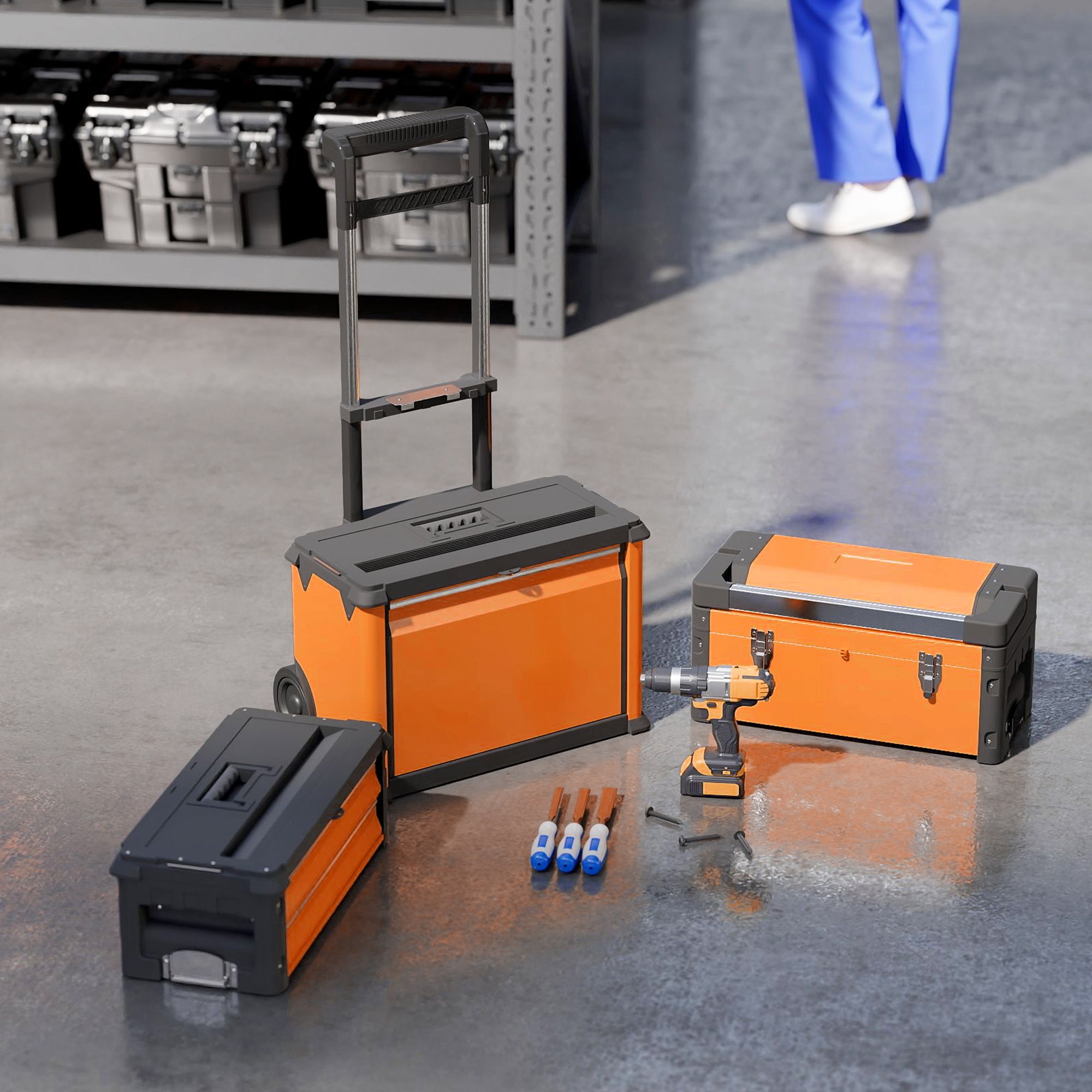 HOMCOM 3-in-1 Stackable Rolling Tool Box - Orange - North Peak Garden Furniture