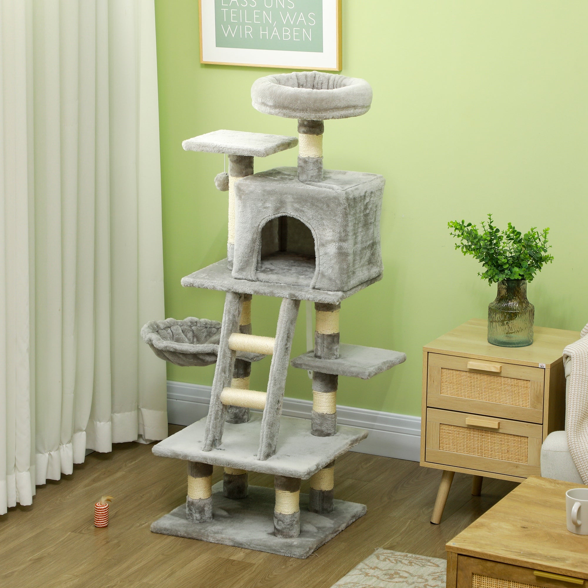 PawHut 132cm Cat Tree with Scratching Post, House, Hammock, Toy Balls - Grey - North Peak Garden Furniture
