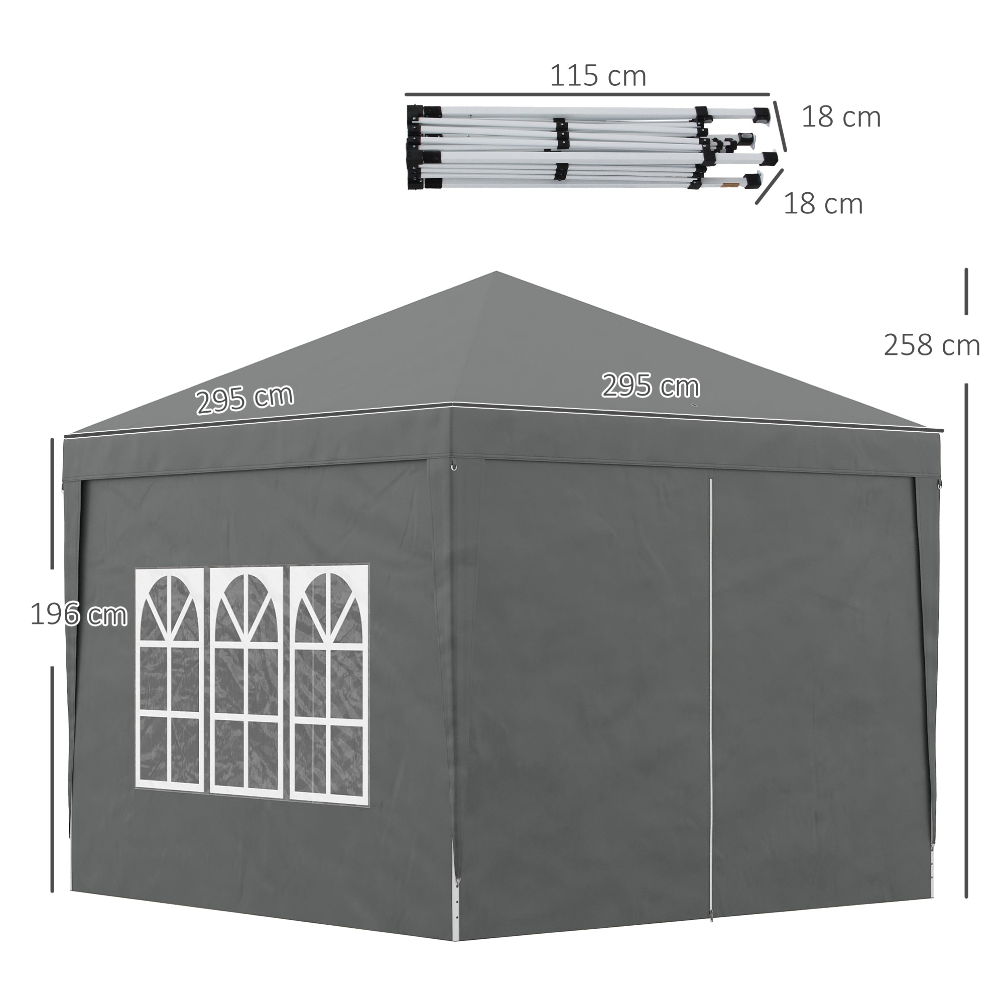 Outsunny 3 x 3 Meters Pop Up Water Resistant Gazebo Wedding Camping Party Tent Canopy Marquee with Carry Bag and 2 Windows, Grey - North Peak Garden Furniture