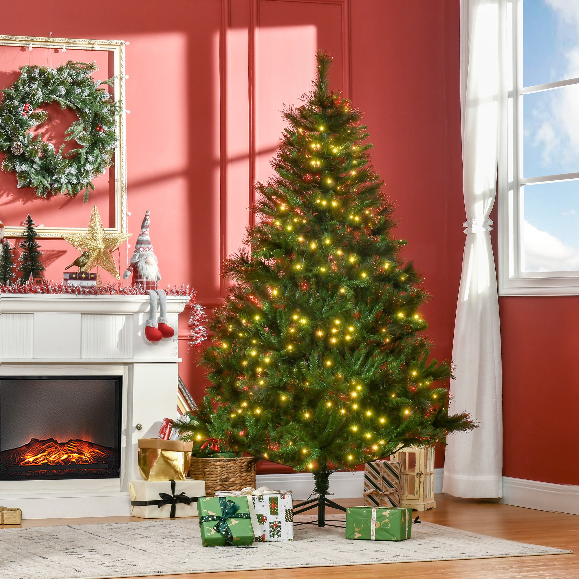 HOMCOM 1.8m 6ft Pre-Lit Christmas Tree Artificial Spruce Xmas Tree Warm White LED Holiday Décor with Metal Stand - North Peak Garden Furniture