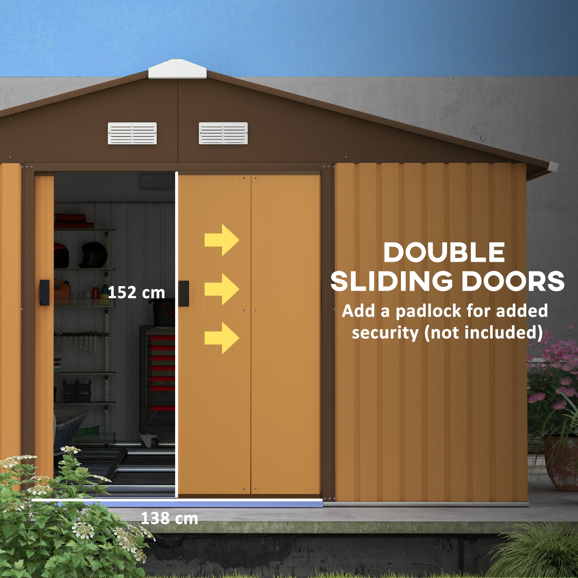 Outsunny 13 x 11ft Metal Garden Shed, Outdoor Storage Tool House with Ventilation Slots, Foundation Kit and Lockable Double Doors, Yellow - North Peak Garden Furniture