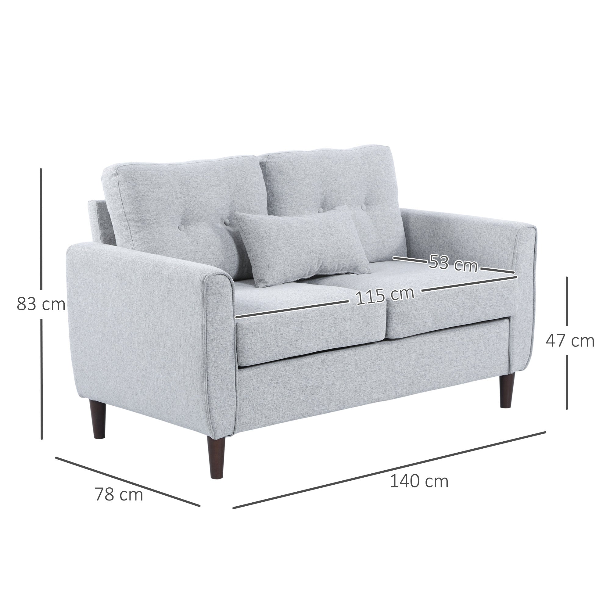 HOMCOM 2 Seater Sofa Double Sofa Loveseat Fabric Wooden Legs Tufted Design for Living Room, Dining Room, Office, Light Grey - North Peak Garden Furniture