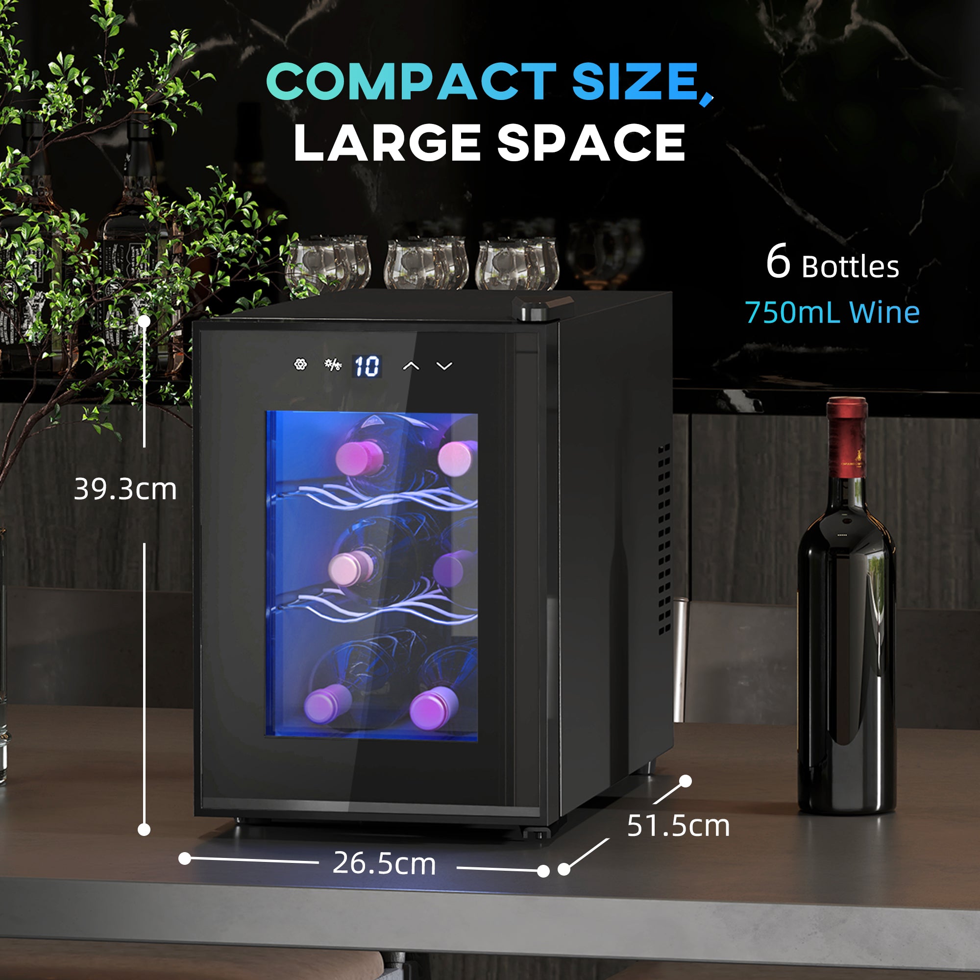 HOMCOM Six Bottle 8-18℃ Countertop Wine Fridge - Black - North Peak Garden Furniture
