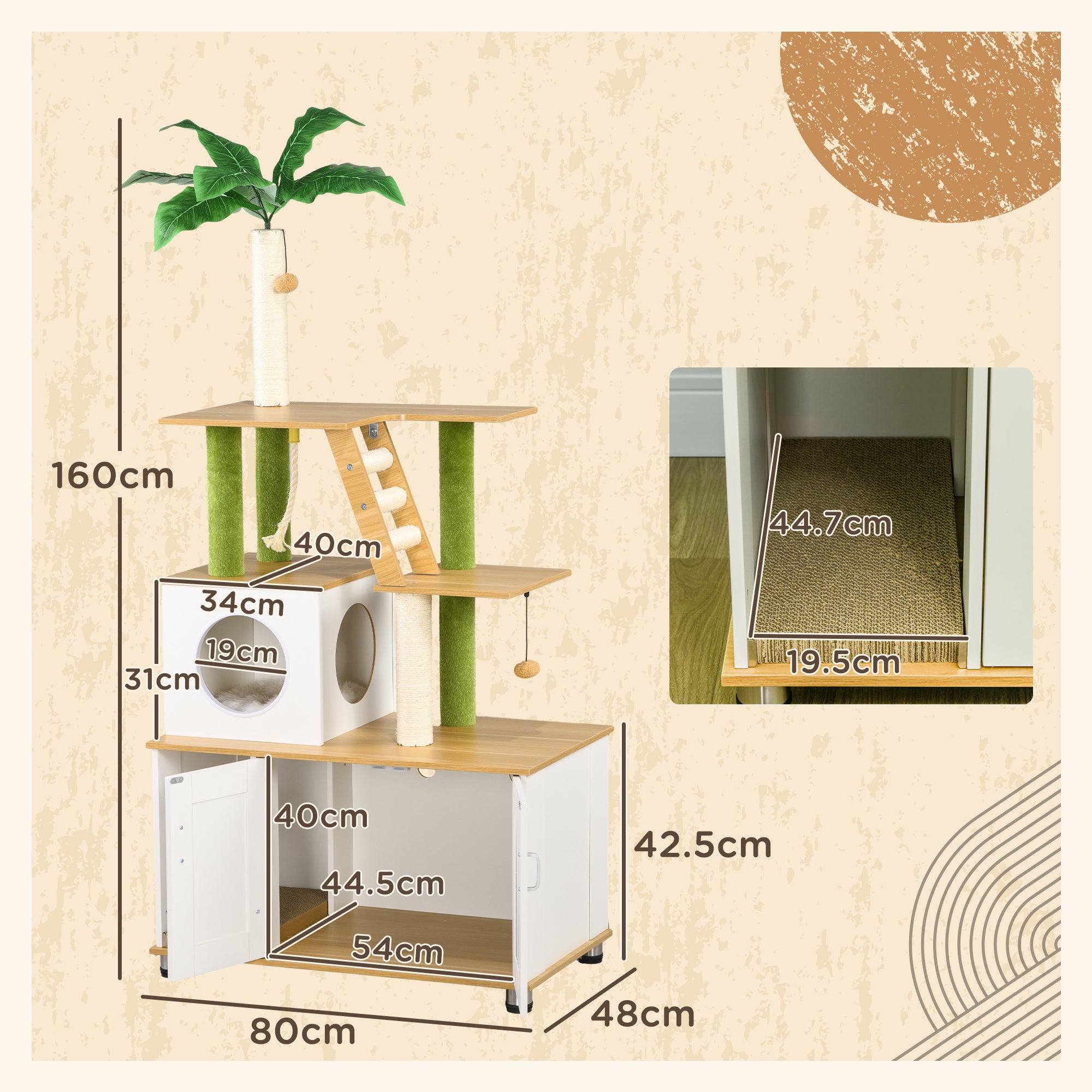 PawHut 2-in-1 Hidden Cat Litter Box, Green Leaf Cat Tree, with House, Ladder, Scratching Posts, Platforms, Indoors -Oak