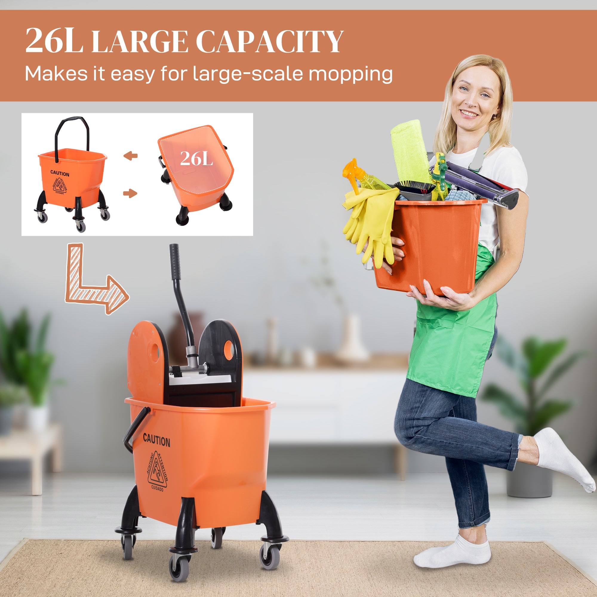 HOMCOM 25L Mop Bucket, with Wringer, Wheels and Handle - Orange - North Peak Garden Furniture
