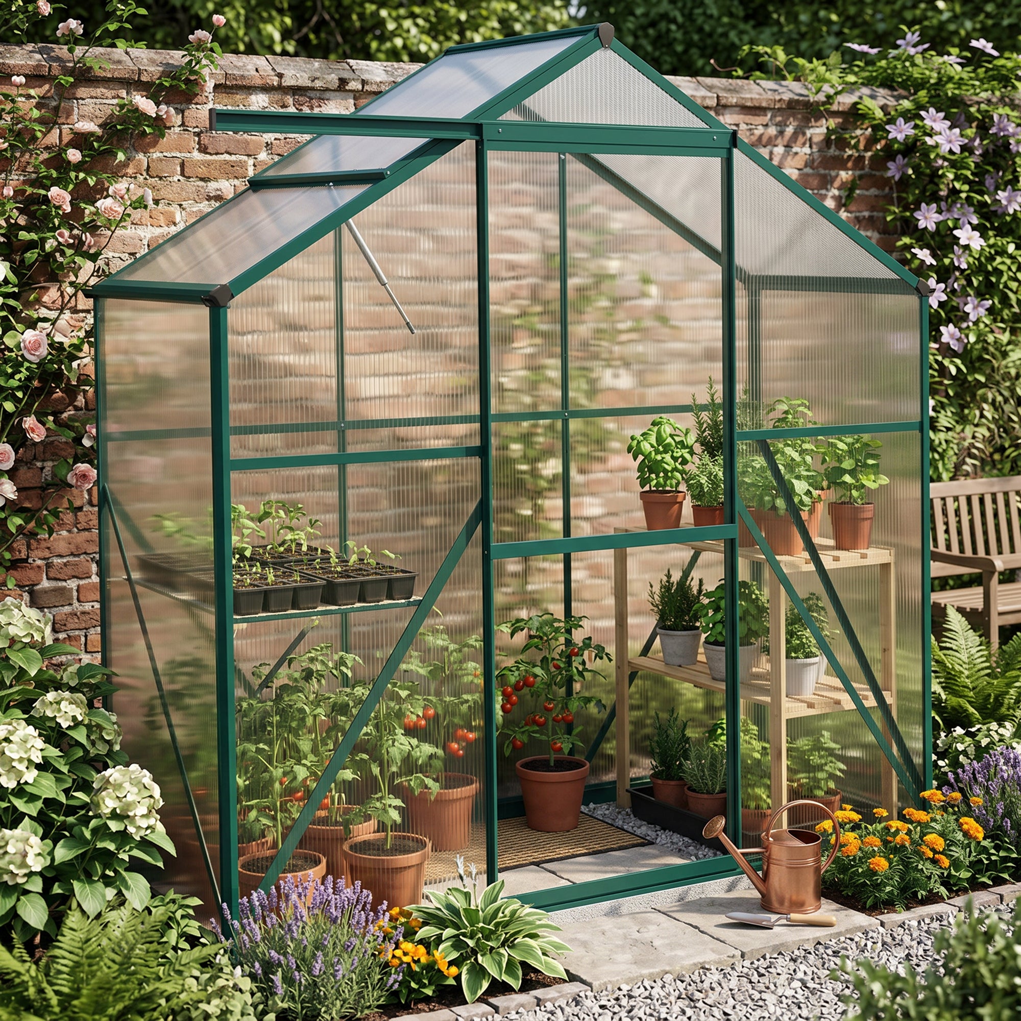 Outsunny 6 x 2.5ft Polycarbonate Greenhouse Walk-In Green House with Rain Gutter, Sliding Door, Window, Foundation, Green