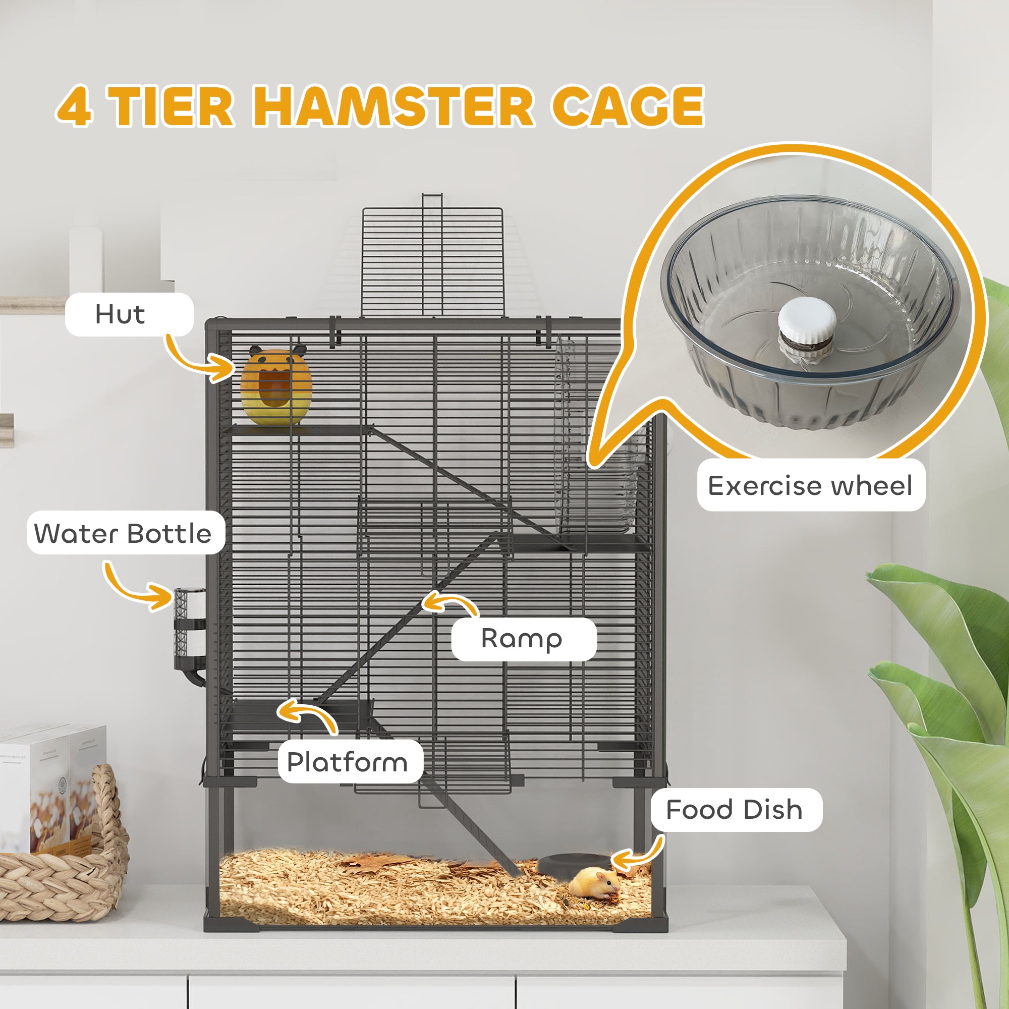 PawHut 4 Tiers Hamster Cage with Deep Tempered Glass Bottom, Hut, Running Wheel, Food Dish, Water Bottle, 60 x 40 x 80cm