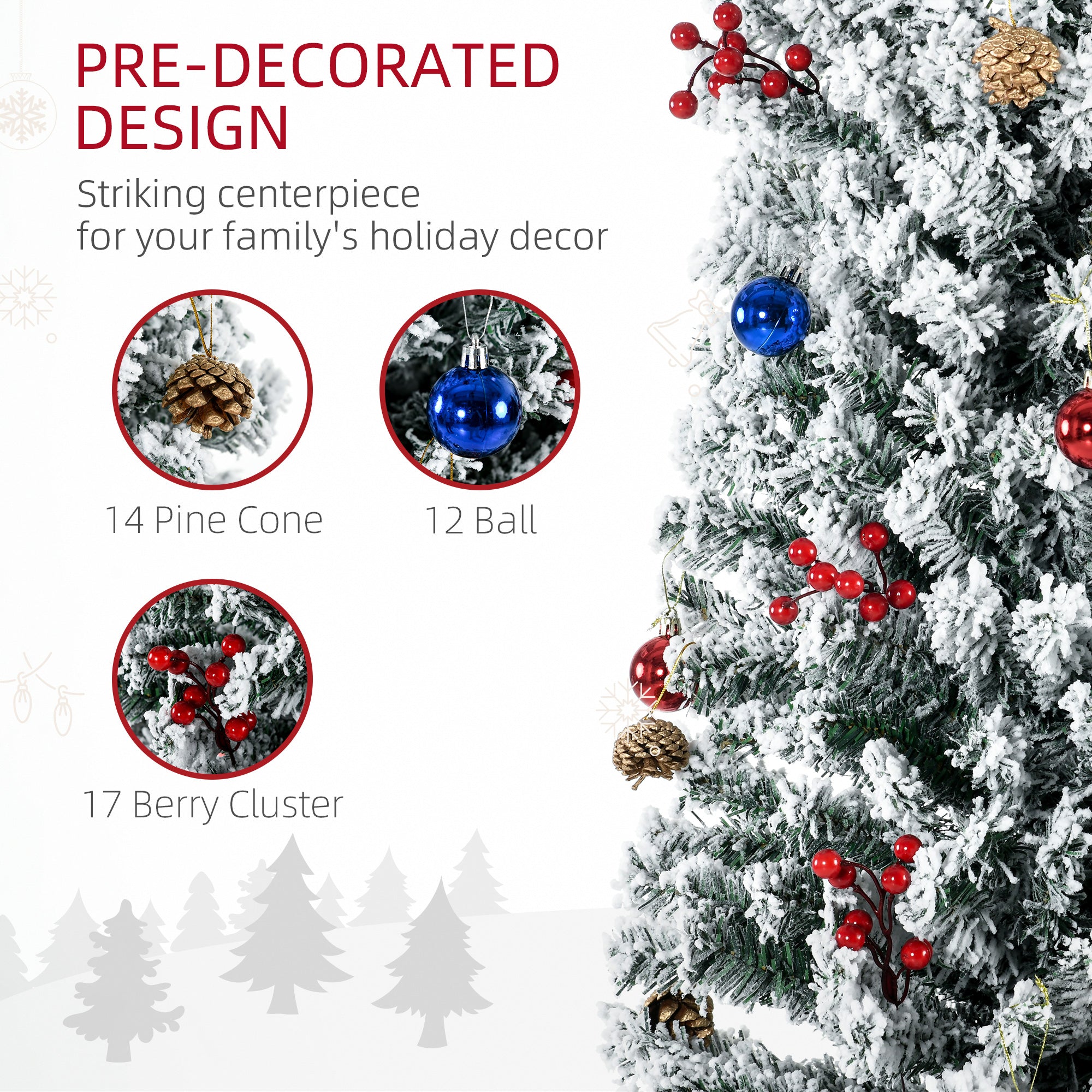 HOMCOM 7.5' Artificial Prelit Christmas Trees Holiday Décor with Colourful LED Lights, Flocked Tips, Berry, Pine Cone