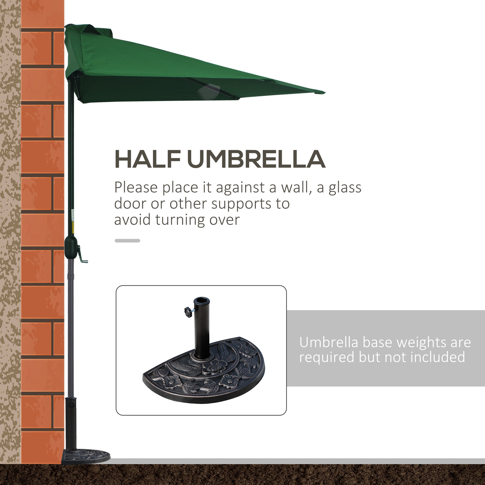 Outsunny 3(m) Half Parasol Semi Round Umbrella Patio Metal Frame Crank Handle for Balcony-- NO BASE INCLUDED, Green - North Peak Garden Furniture