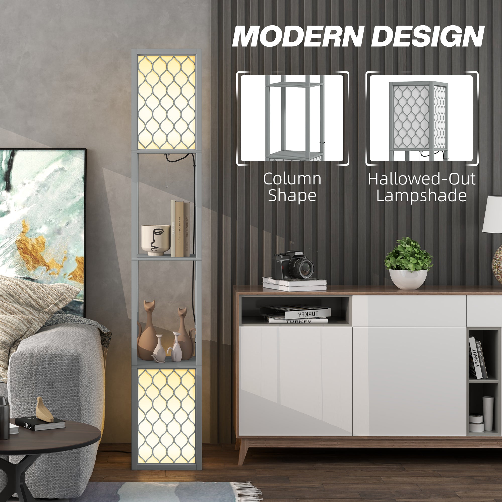 HOMCOM Floor Lamp with Shelves, Dual Light, Modern Tall Standing Lamps, with Pull Chain Switch (Bulb not Included), Light Grey - North Peak Garden Furniture