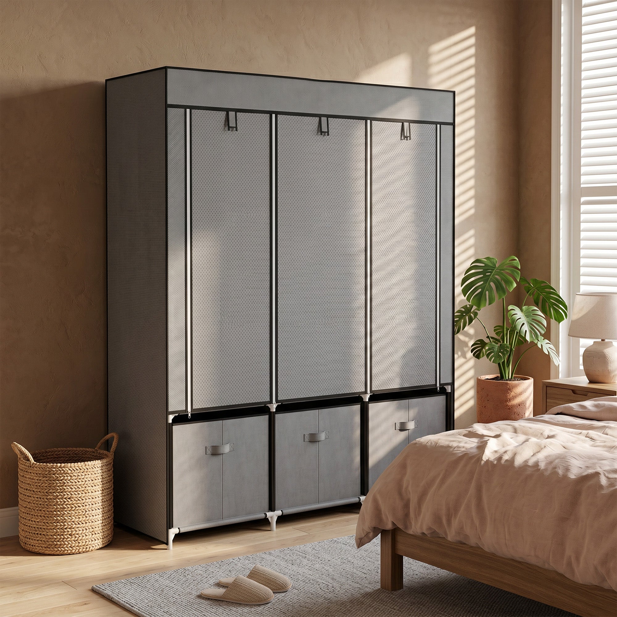 HOMCOM Fabric Wardrobe for Bedroom, Portable Wardrobe with 5 Shelves, 2 Hanging Rails and 3 Fabric Drawers, Foldable Closet, 125 x 43 x 162.5cm, Dark Grey