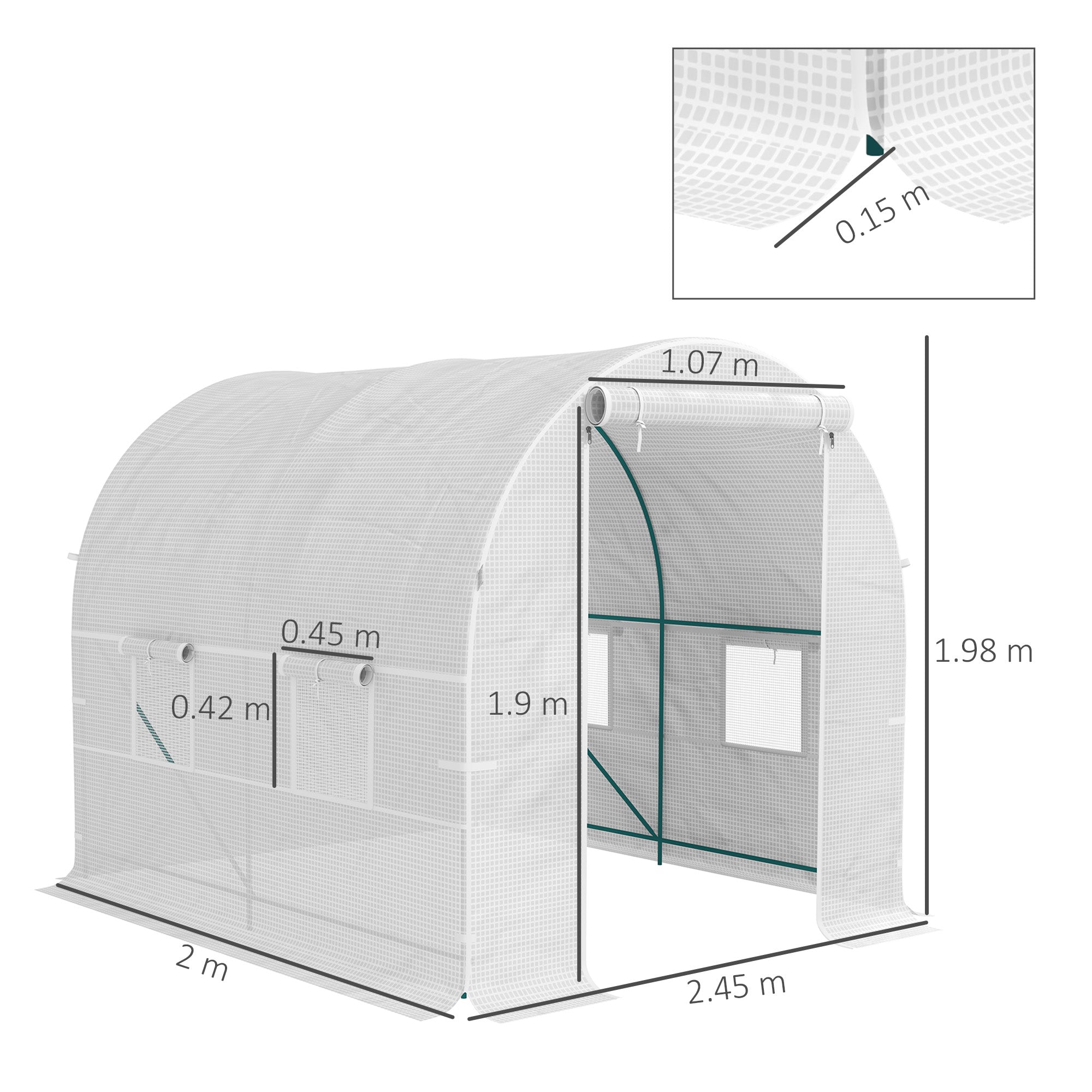 Outsunny Reinforced Walk in Polytunnel Greenhouse with Roll Up Zipped Door Windows, Galvanised Steel Frame, 2 x 2.5m - North Peak Garden Furniture