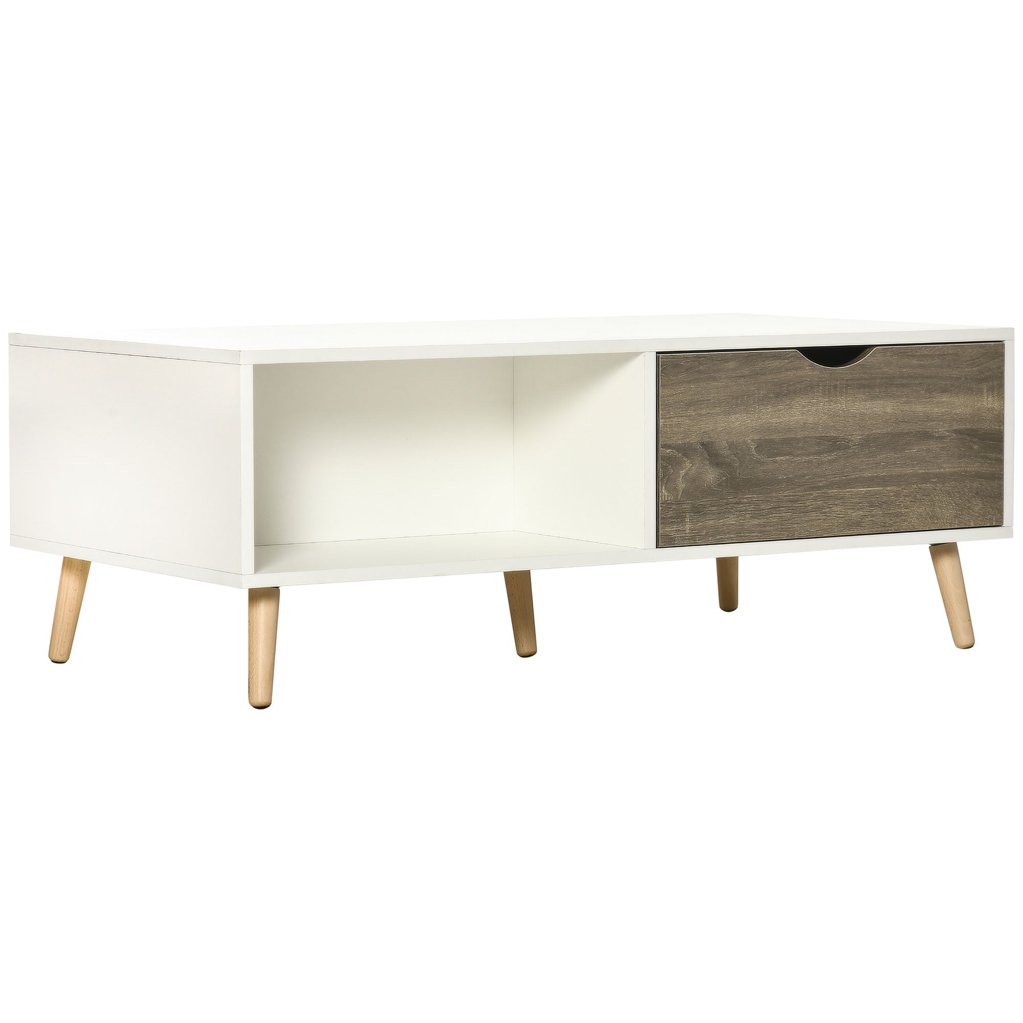 HOMCOM Coffee Table, Modern Tea Table with Open Storage Shelves, Two Drawers and Solid Wood Legs, Coffee Tables for Living Room, Bed Room, White - North Peak Garden Furniture