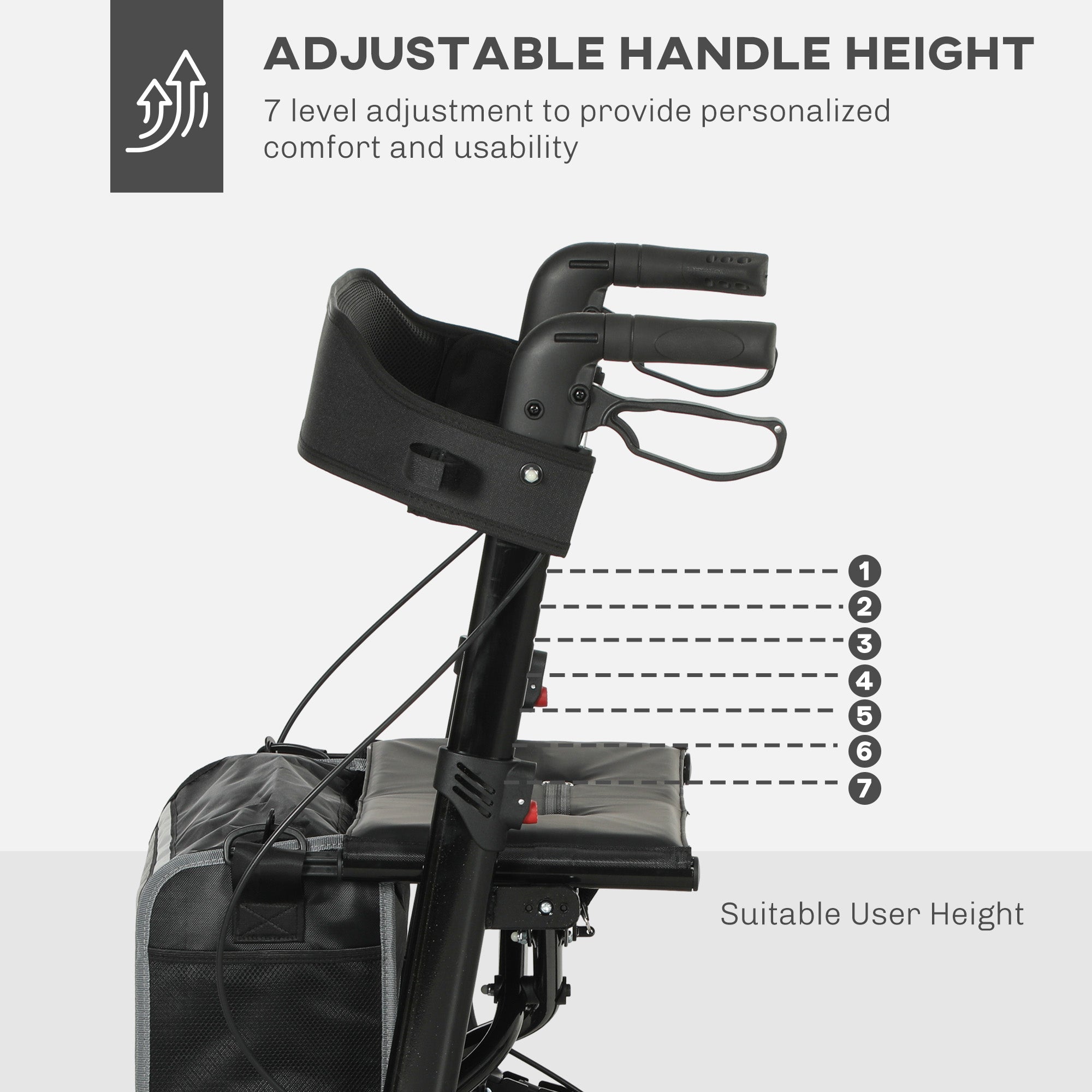 HOMCOM Folding Rollator Walker with Padded Seat, Backrest, Lightweight Walking Frame with Storage Bag, Dual Brakes, All-terrain Wheels, Adjustable Handle Height, 4 Wheeled Walker for Seniors, Black - North Peak Garden Furniture