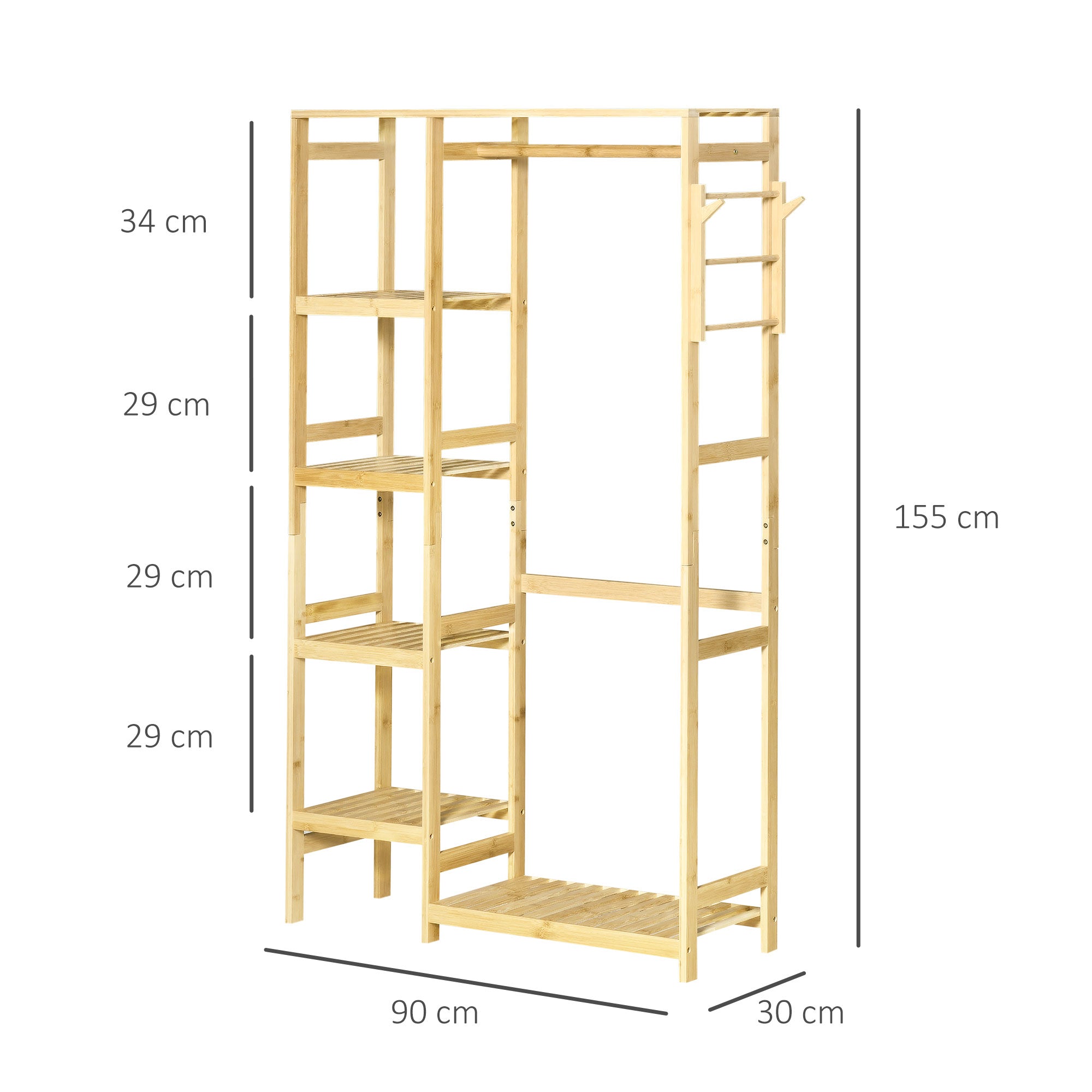 HOMCOM Bamboo Garment Rack, Clothes Rack with Storage Shelf, Hanging Rail and Side Hooks for Entryway, Bedroom, Bathroom and Office, Natural - North Peak Garden Furniture