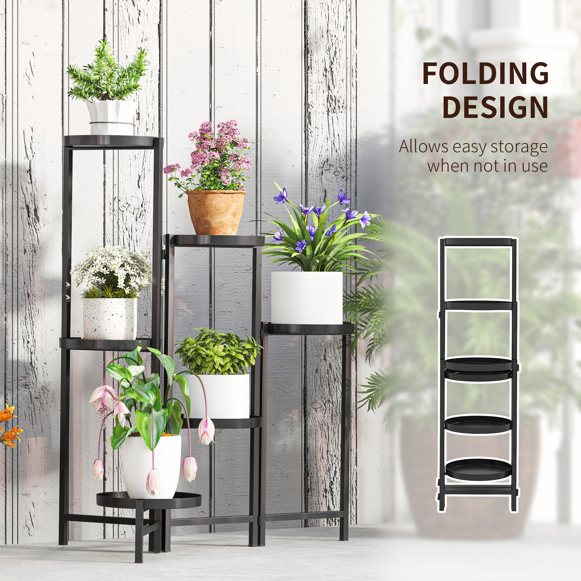 Outsunny 3 Tier Plant Stand Indoor Outdoor, Foldable Corner Plant Stands for Multiple Plants, Metal Round Flower Pot Holder for Patio Garden Balcony Living Room, Black - North Peak Garden Furniture