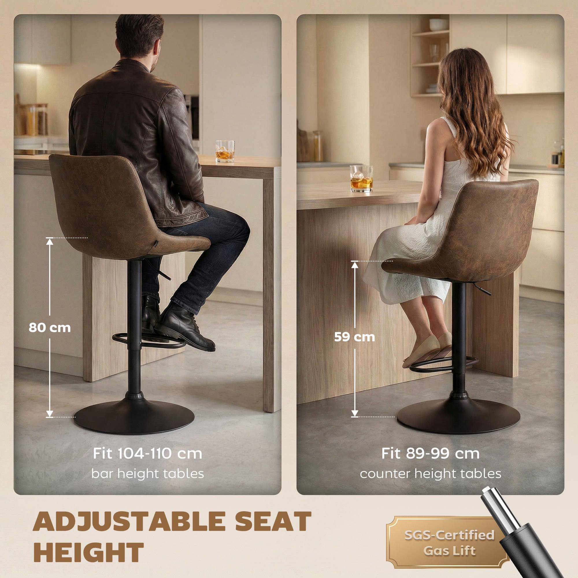 HOMCOM Adjustable Bar Stools Set of 2 Counter Height Barstools Dining Chairs 360° Swivel with Footrest for Home Pub, Brown