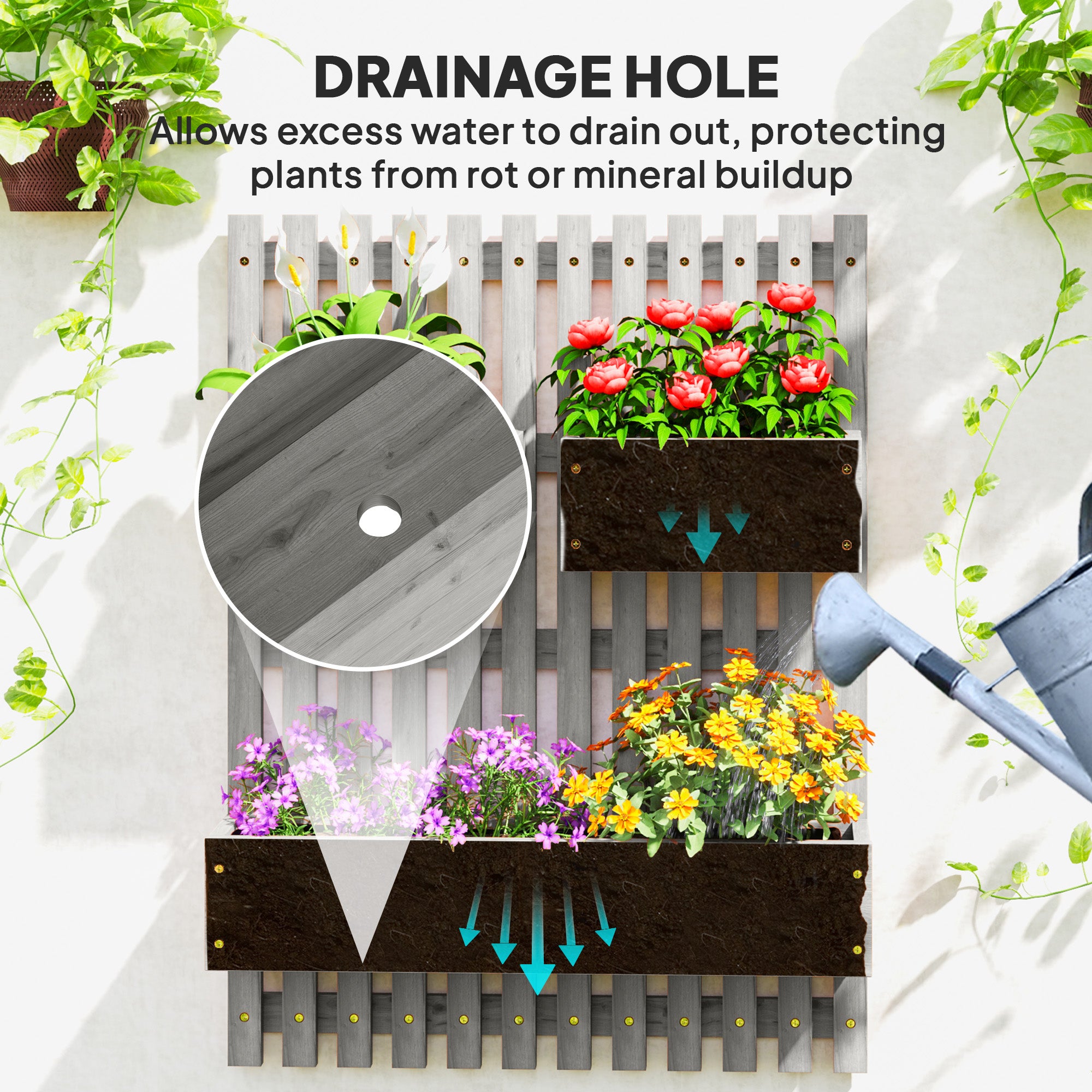 Outsunny Wall-mounted Wooden Garden Planters with Trellis, Drainage Holes and 3 Planter Boxes for Patio, Grey - North Peak Garden Furniture
