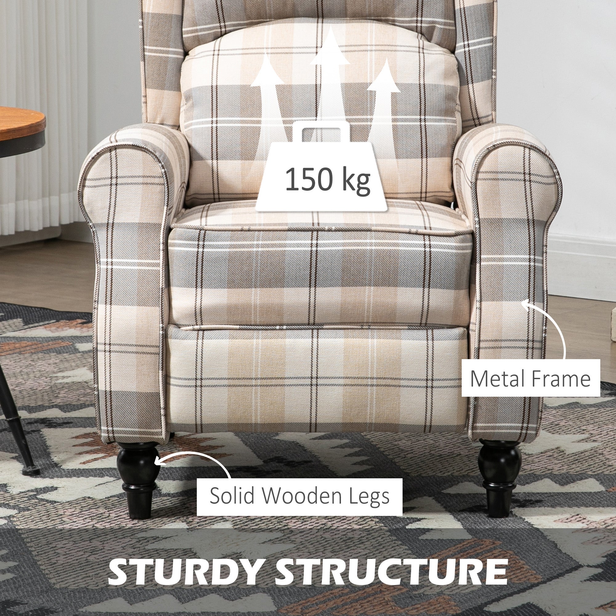 HOMCOM Farmhouse Recliner Armchair for Living Room, Wingback Reclining Chair with Footrest, Round Armrests and Rubber Wood Legs, Khaki - North Peak Garden Furniture