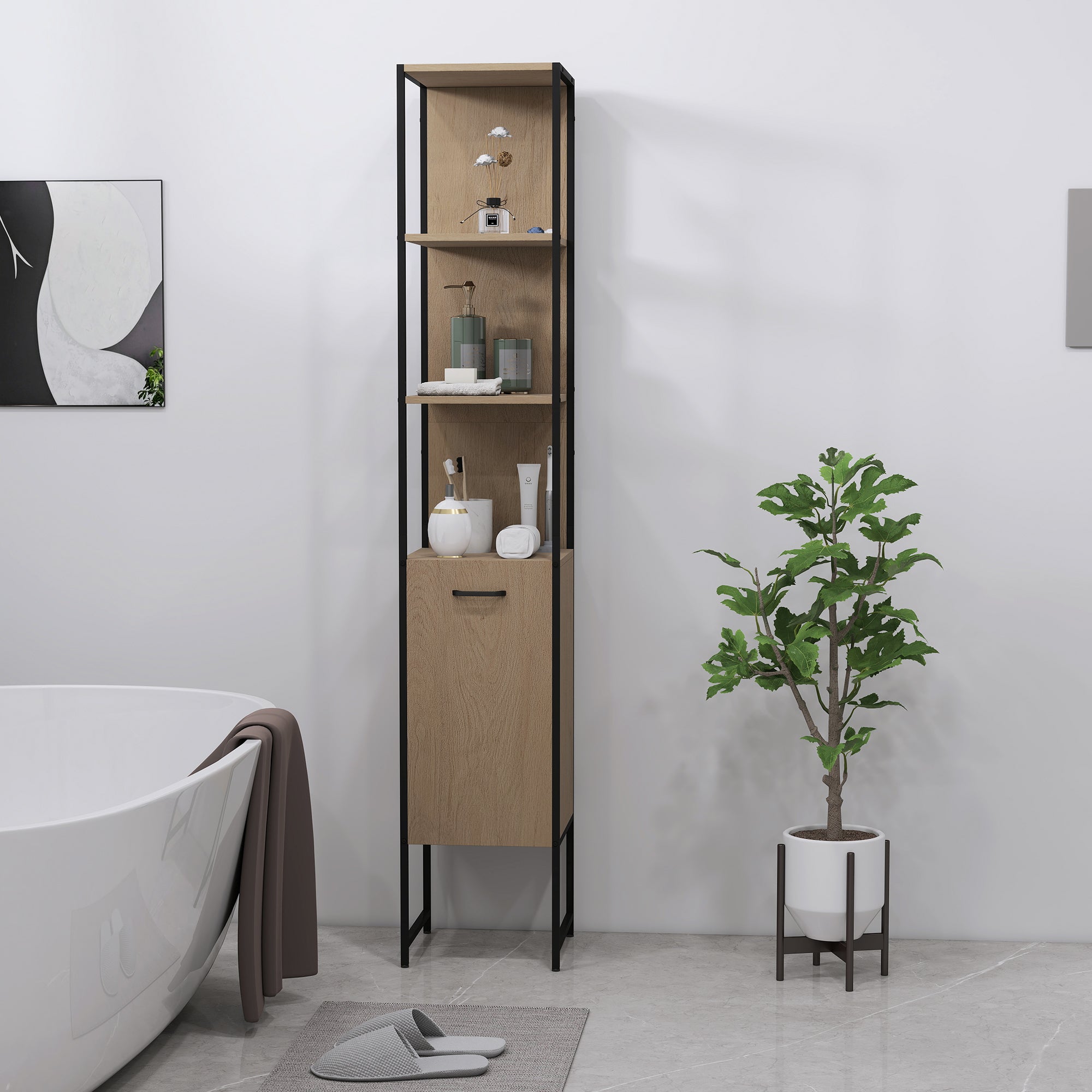 HOMCOM Tall Bathroom Cabinet with Open Shelves and Adjustable Shelf - Natural Wood Finish - North Peak Garden Furniture