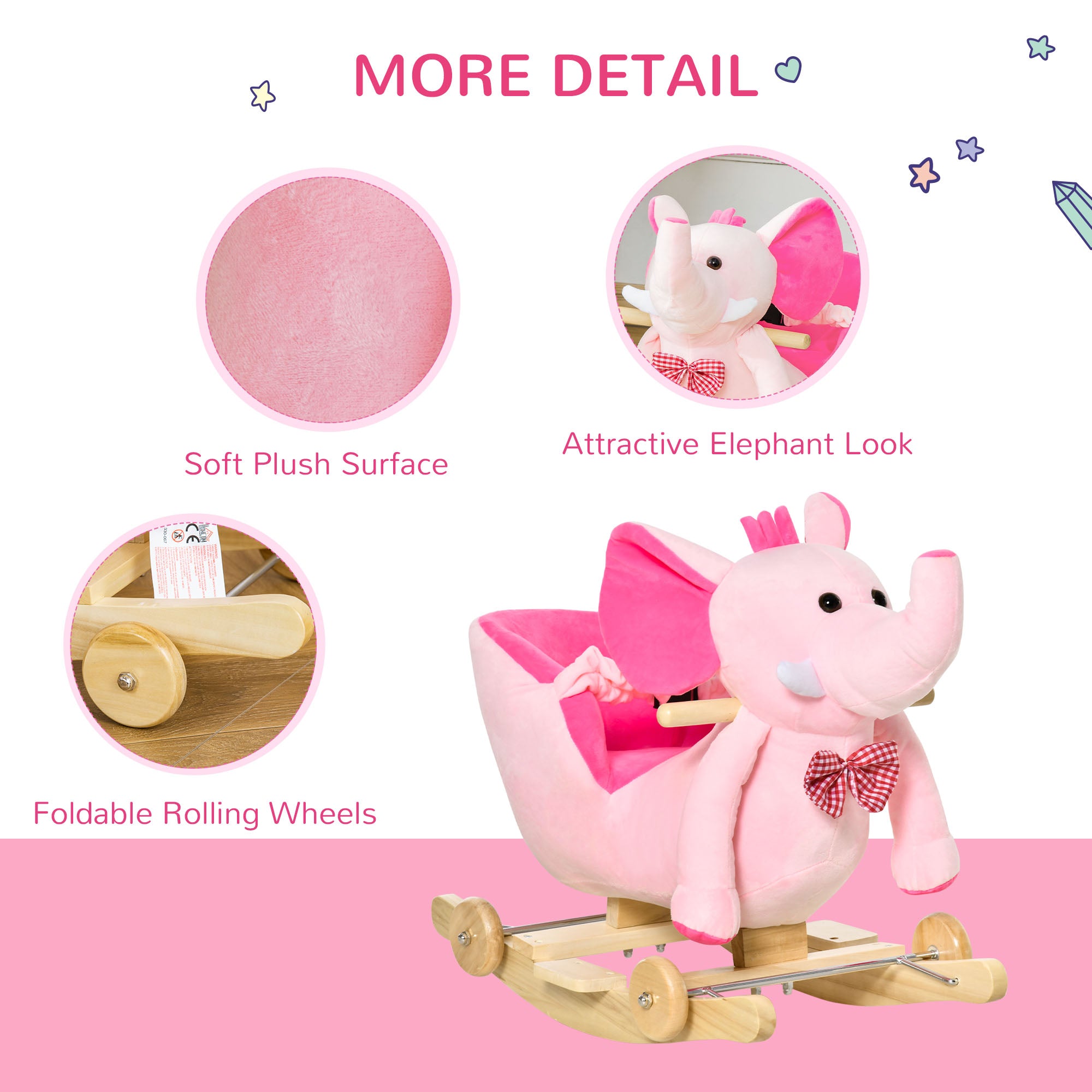 HOMCOM 2 In 1 Plush Baby Ride on Rocking Horse Elephant Rocker with Wheels Wooden Toy for Kids 32 Songs for 18+ Months (Pink) - North Peak Garden Furniture