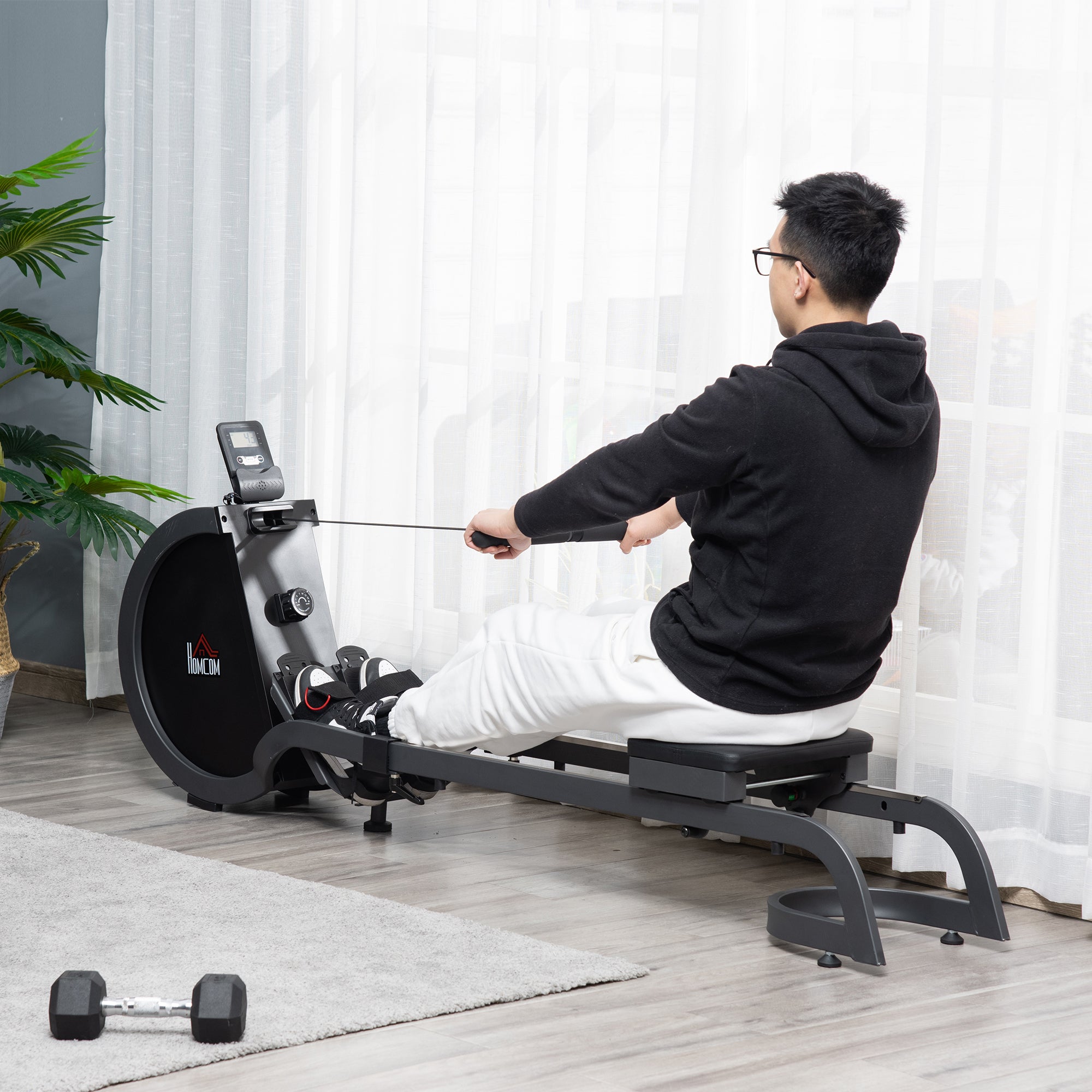 HOMCOM Folding Rowing Machine with 16-Level Adjustable Magnetic Resistance, Aluminium Side Rail, Digital Monitor, Cardio Workout Rower, for Home, Gym, Office - North Peak Garden Furniture