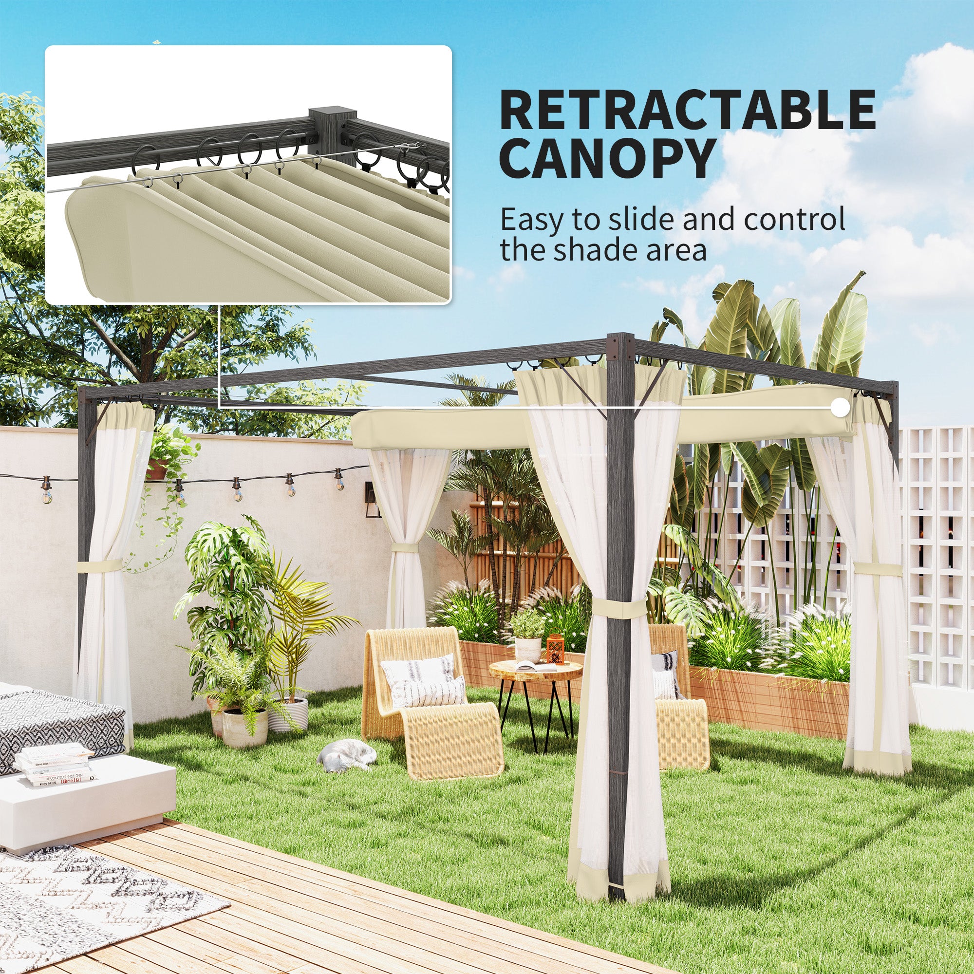 Outsunny 3 x 4m Aluminium Frame Pergola, with Retractable Roof - Khaki - North Peak Garden Furniture