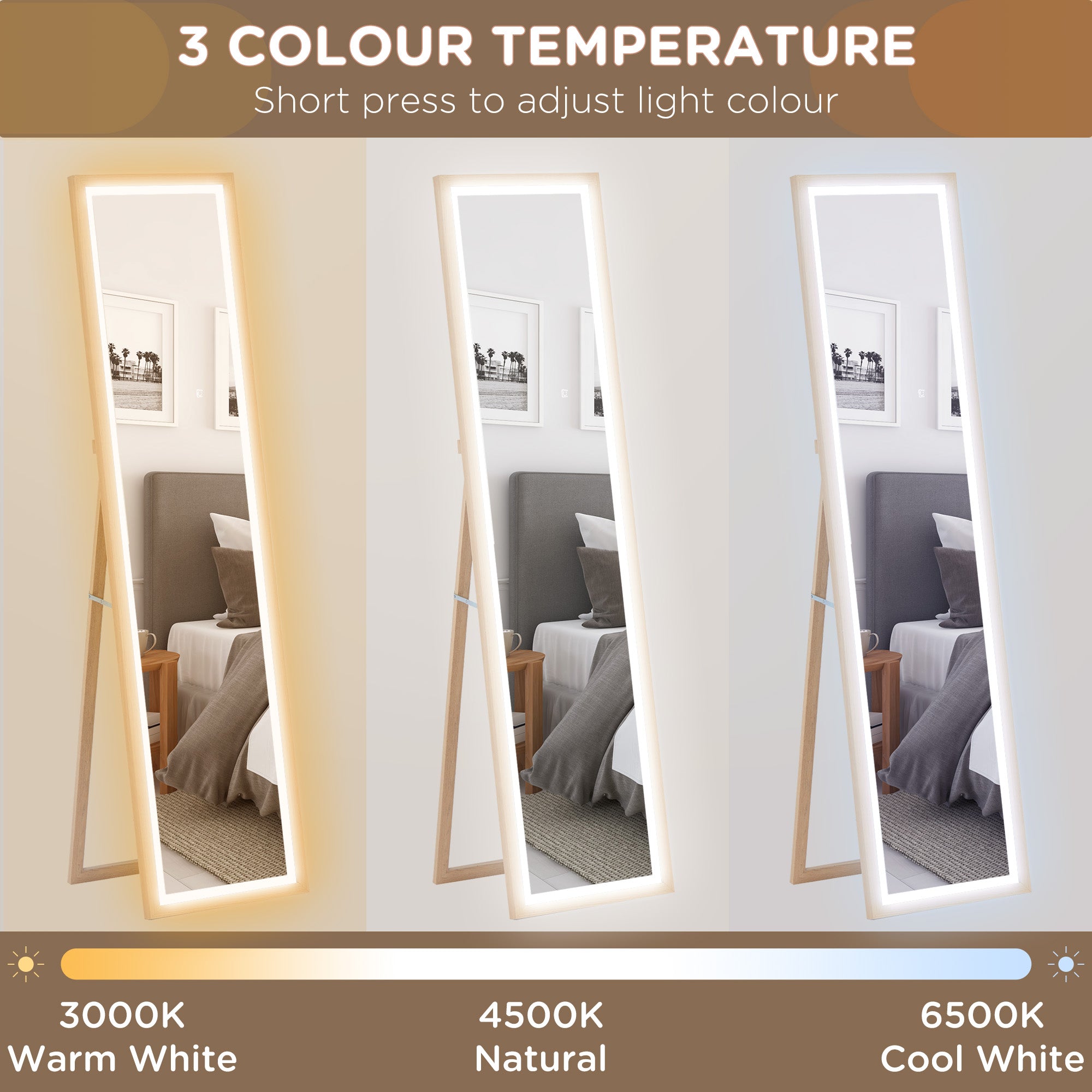 HOMCOM Full Length Mirror, with Adjustable Outer Light, Oak - North Peak Garden Furniture