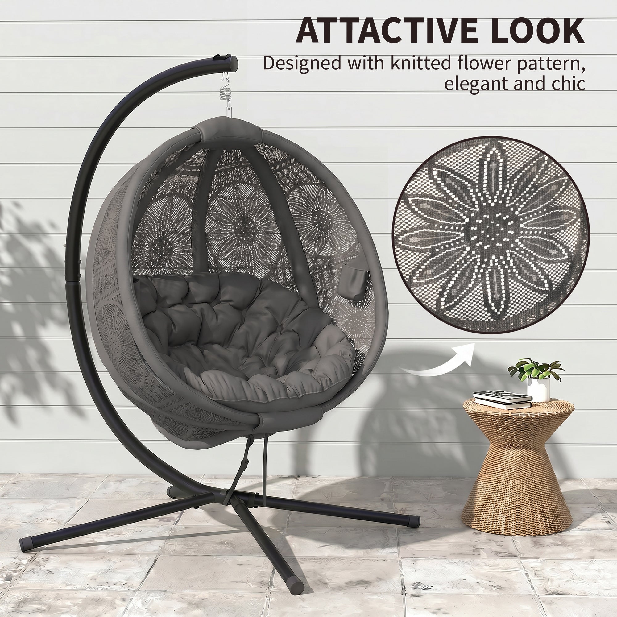 Outsunny Round Egg Basket Chair, with Steel Stand, Charcoal Grey